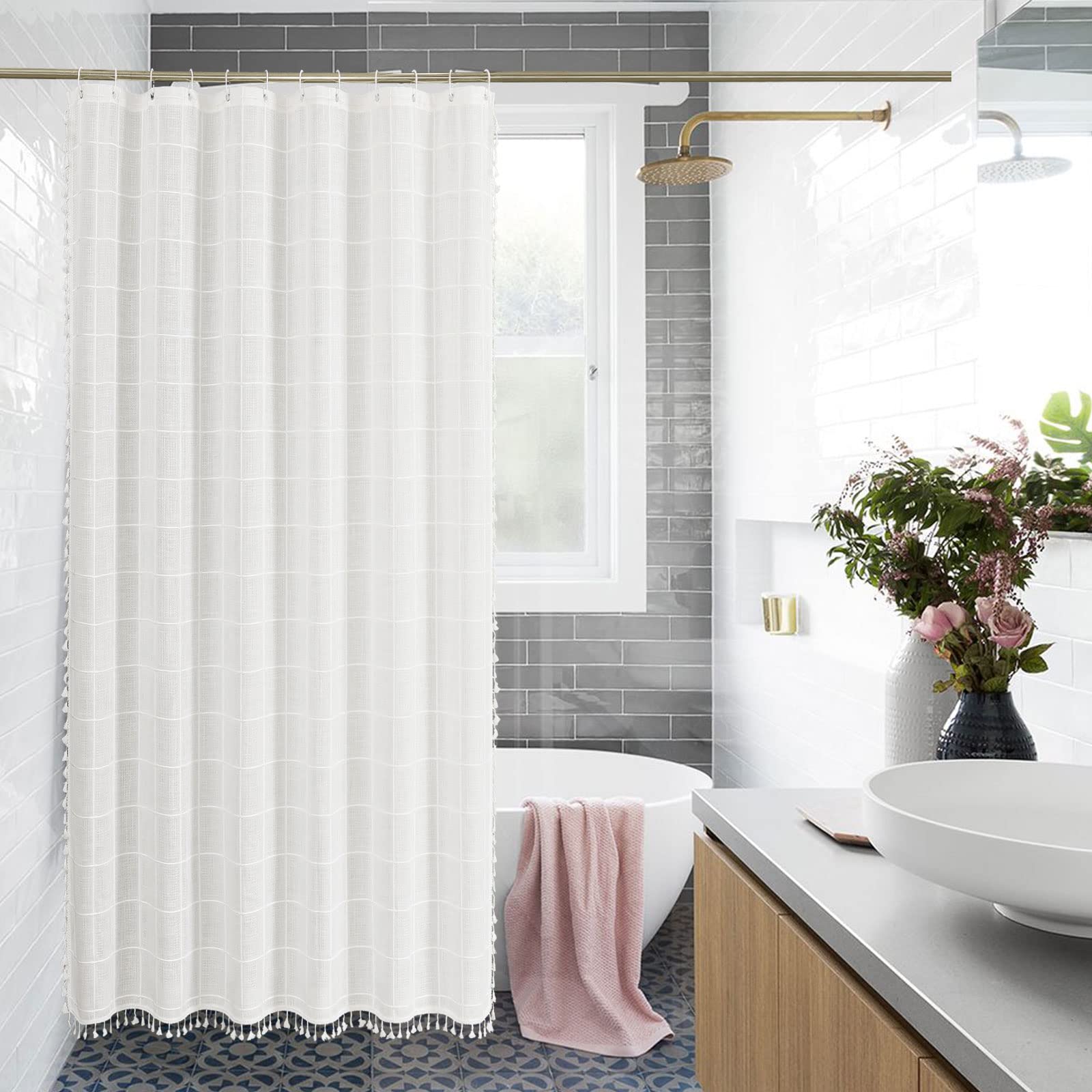 Gibelle White Boho Farmhouse Shower Curtain With Tassels, Shabby Chic Cute Cottagecore Bathroom Decor Thick Waffle Weave Texture
