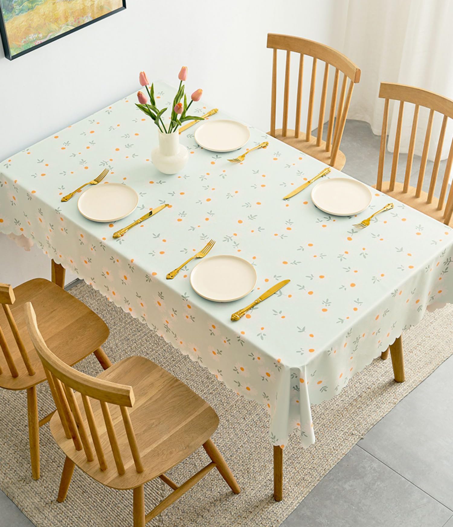 Wolpin Polyvinyl Chloride Pvc Dining Rectangular Table Cover & 4 Seater Center Table Cloth - Green Daisy Flower Print Oil Proof,