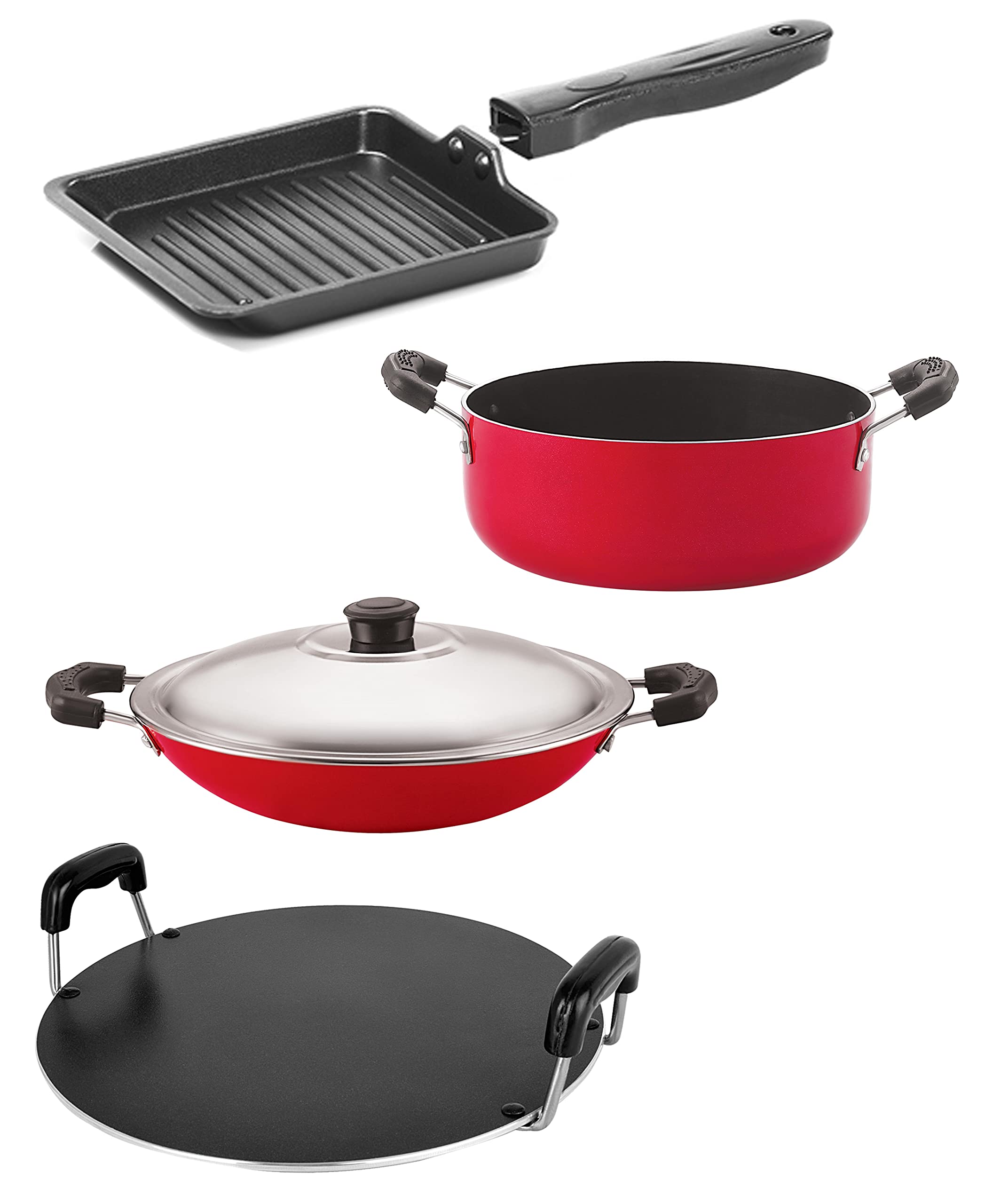 Nirlon NonStick Kitchen Cooking Set Appa Chatti With Lid/Round Tawa/Grill Pan/Casserole  Set 4, Red And Black