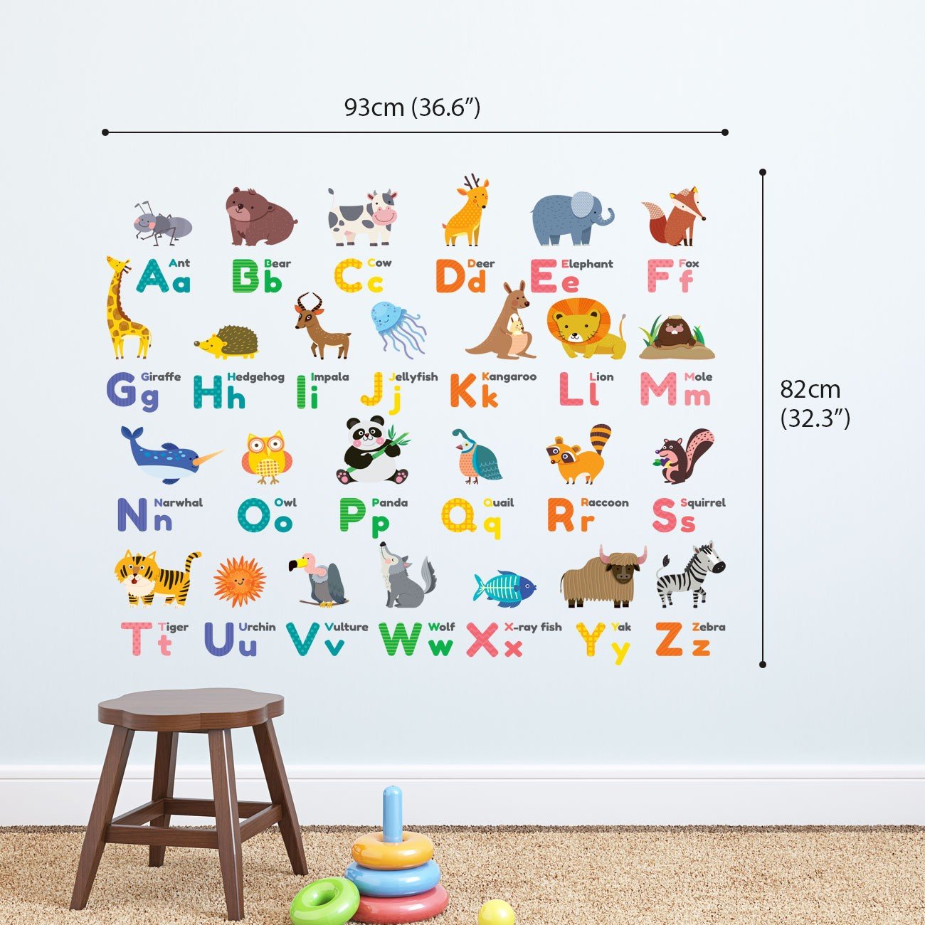DECOWALL Kids Wall Stickers - Colourful Animal Alphabet Decals for Nursery & Bedroom, Peel and Stick, Removable, Model 1