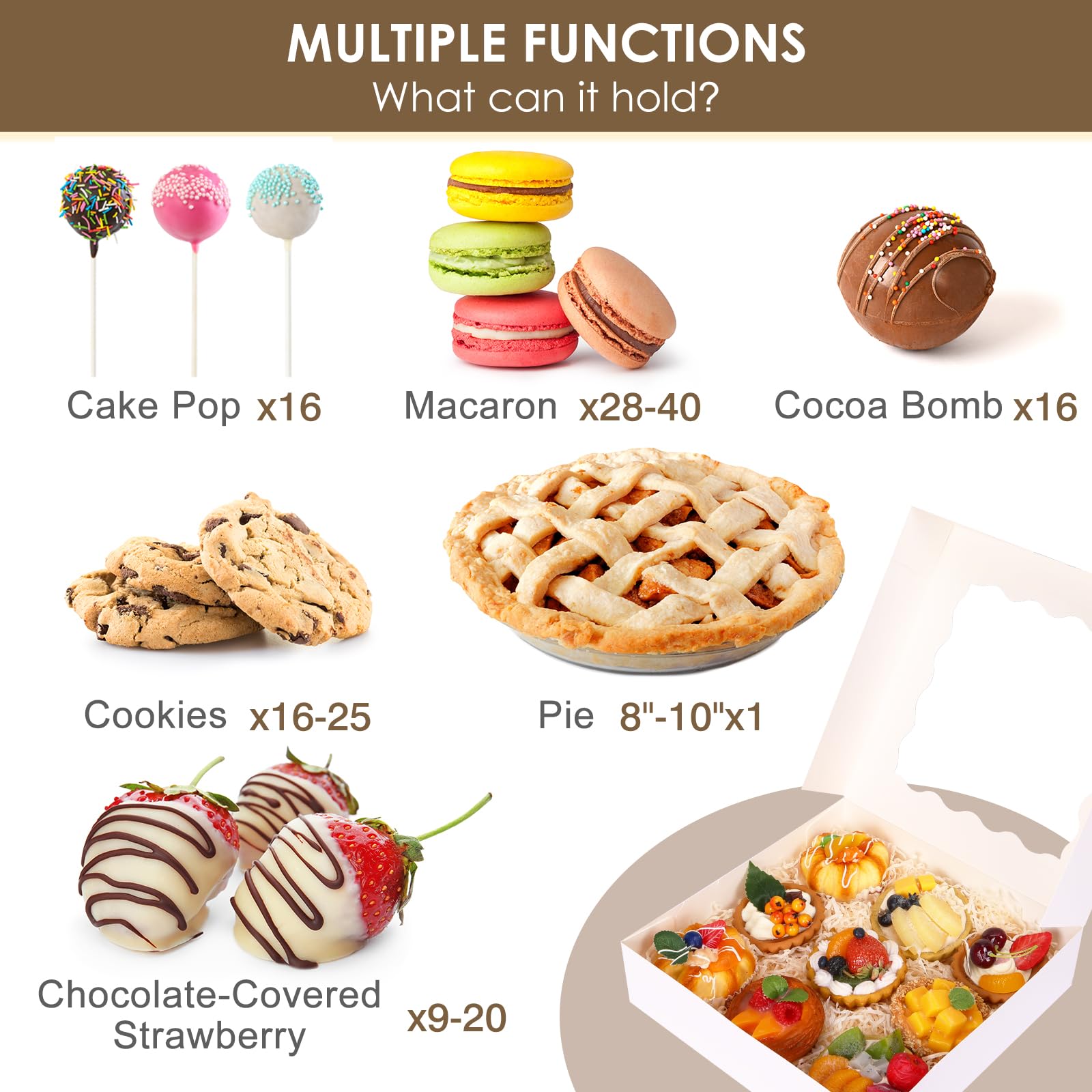Moretoes 35pcs Pie Boxes 10x10x2.5 Inches Cookie Boxes Bakery Boxes with Window for Cookies  Pastries  Pies  Chocolate Covered Strawberries  Valentine's Day (White)