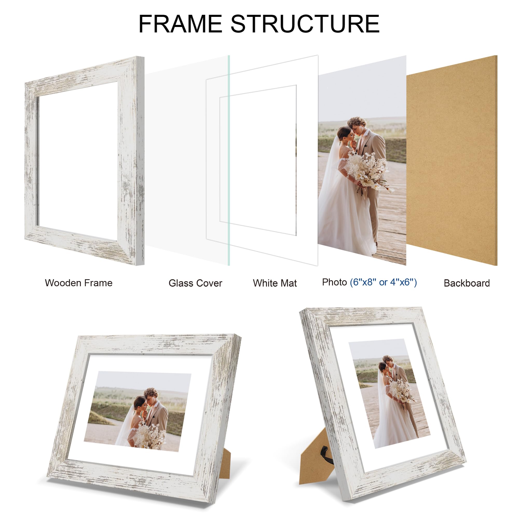 Hongkee 6x8 Picture Frame Set of 4, Made of Real Glass and Distressed White Frame - Display Picture 4x6 with Mat or 6x8 Without