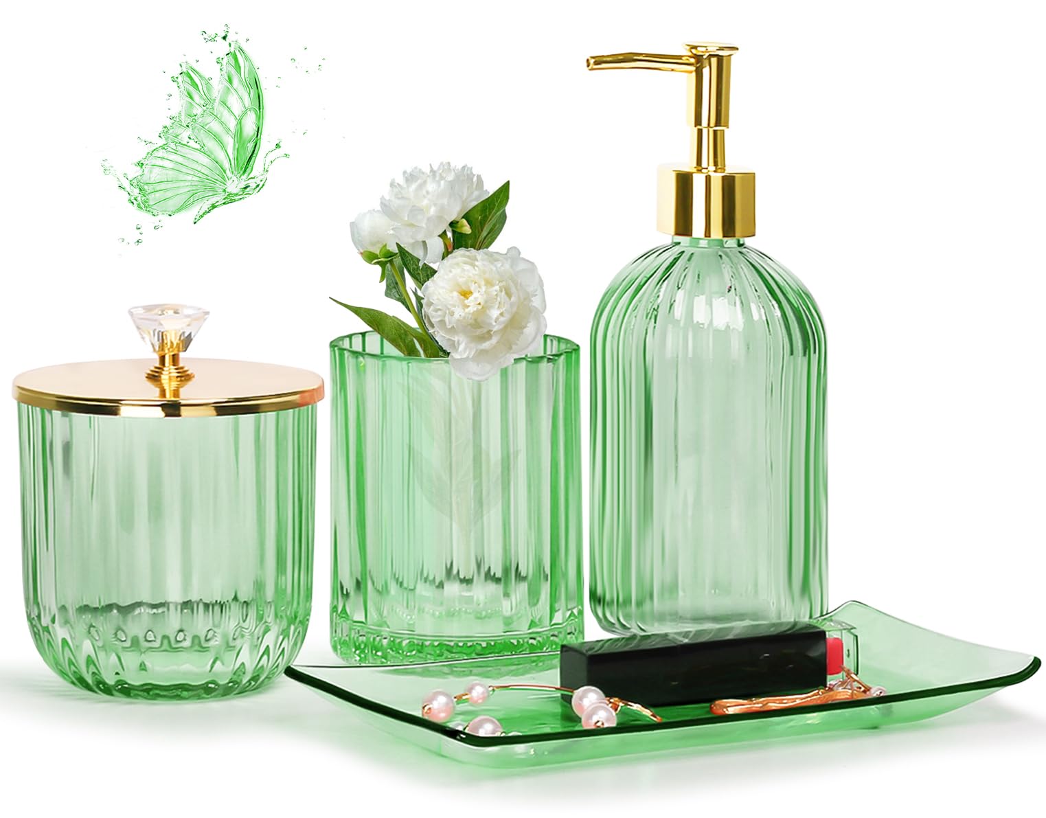 Jenseits Green Bathroom Accessories Set, 4 Pcs Glass Bathroom Accessory Sets, Soap Dispenser, Toothbrush Holder, Qtip Holder, Va