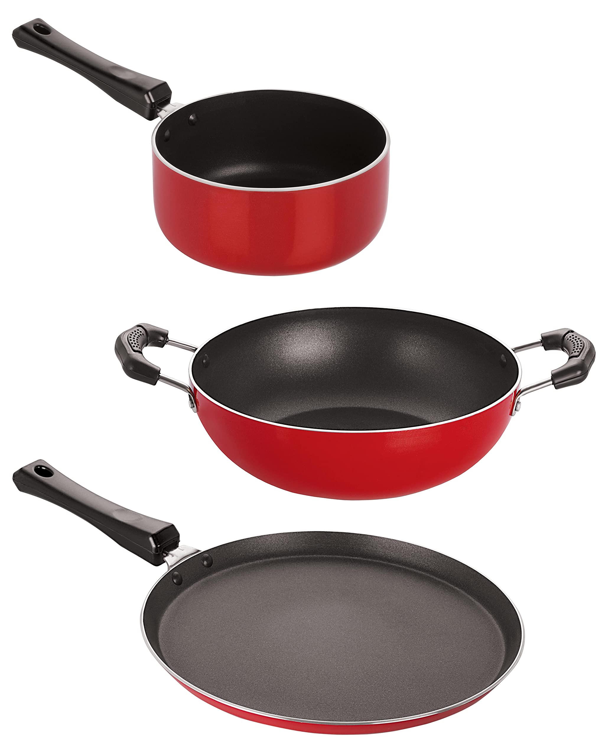 Deluxe NonStick Set Of Kitchenware Utensils Aluminium Red & Black Flat Tawa 30 Cm, Kadai 1.5 Ltr, Saucepan Medium 1.5 Ltr Best 