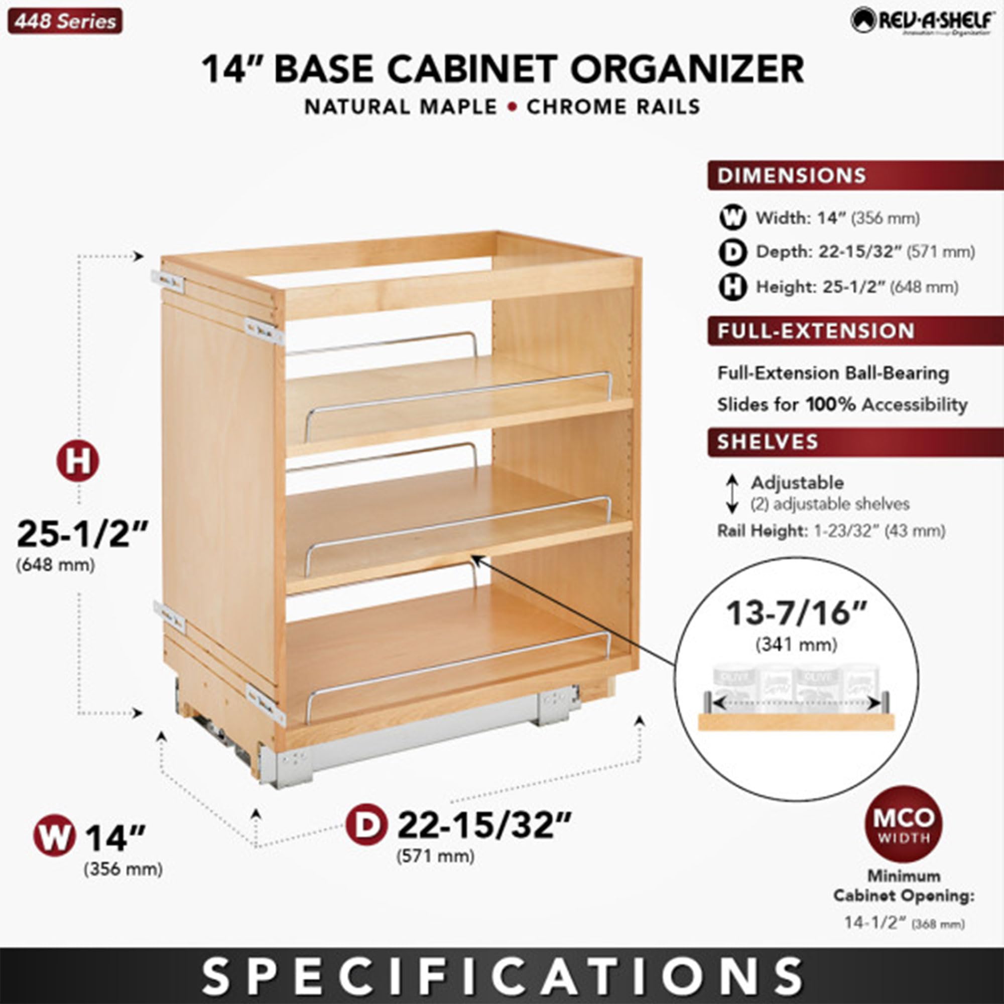 Rev-A-Shelf 14 Pullout Kitchen Cabinet Storage Organizer Slide Out Pantry Spice Rack With Adjustable Shelves For 14.5 W Cabi