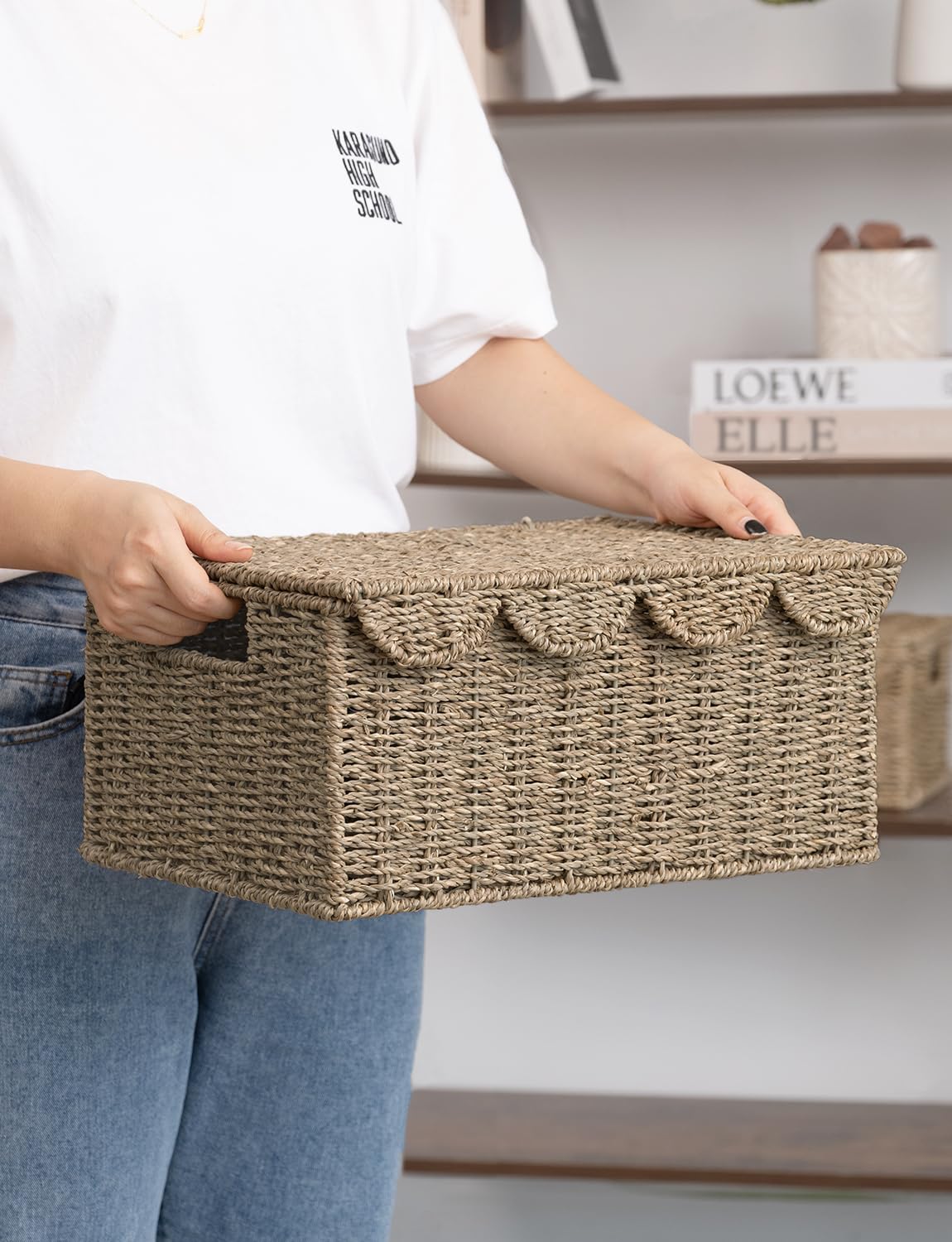 Storageworks Scalloped Edge Wicker Basket With Lid, Wicker Storage Basket With Built-In Handles, Handwoven Basket For D  Cor, Na