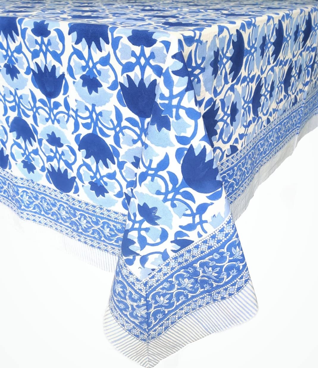 ATOSII Positano Blue 100% Cotton Square Fall Tablecloth, Handblock Floral Print Linen Table Cloth for Kitchen I Dining Table I T