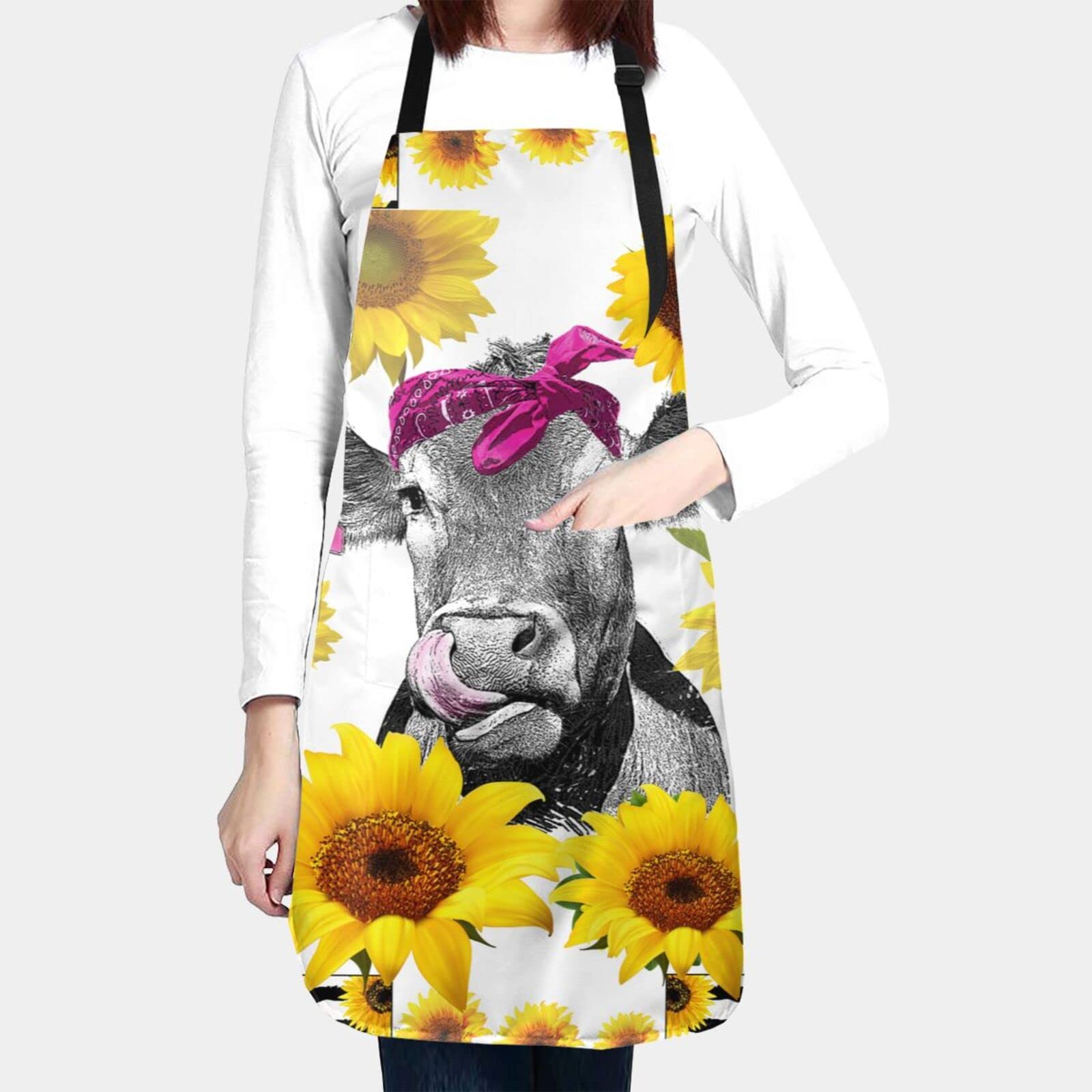 Sucuwiny Cow Apron Waterproof Chef Kitchen Aprons With Pockets For Adults Cooking Bbq Aprons Personalized Baking Gifts
