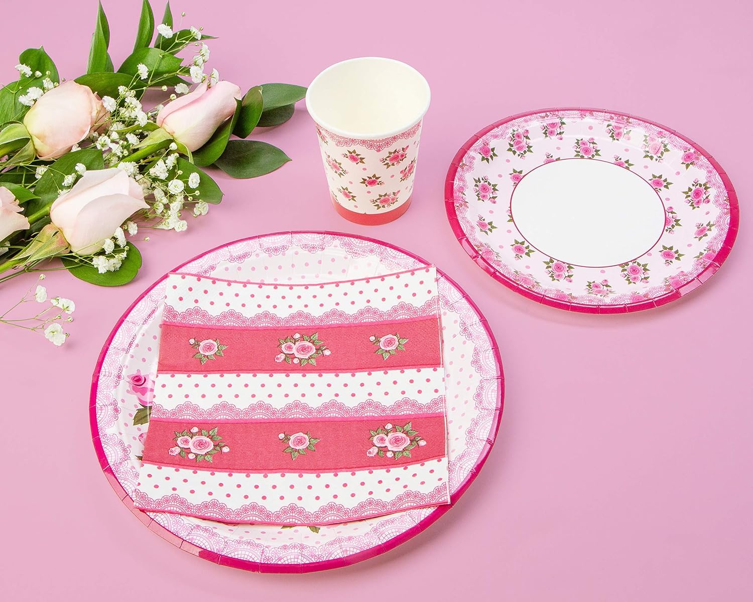 Royal Bluebonnet Paper Plates And Napkins Sets - Set Of 24 - Paper Plates And Napkins And Cups, Rose Floral Tea Party Decoration