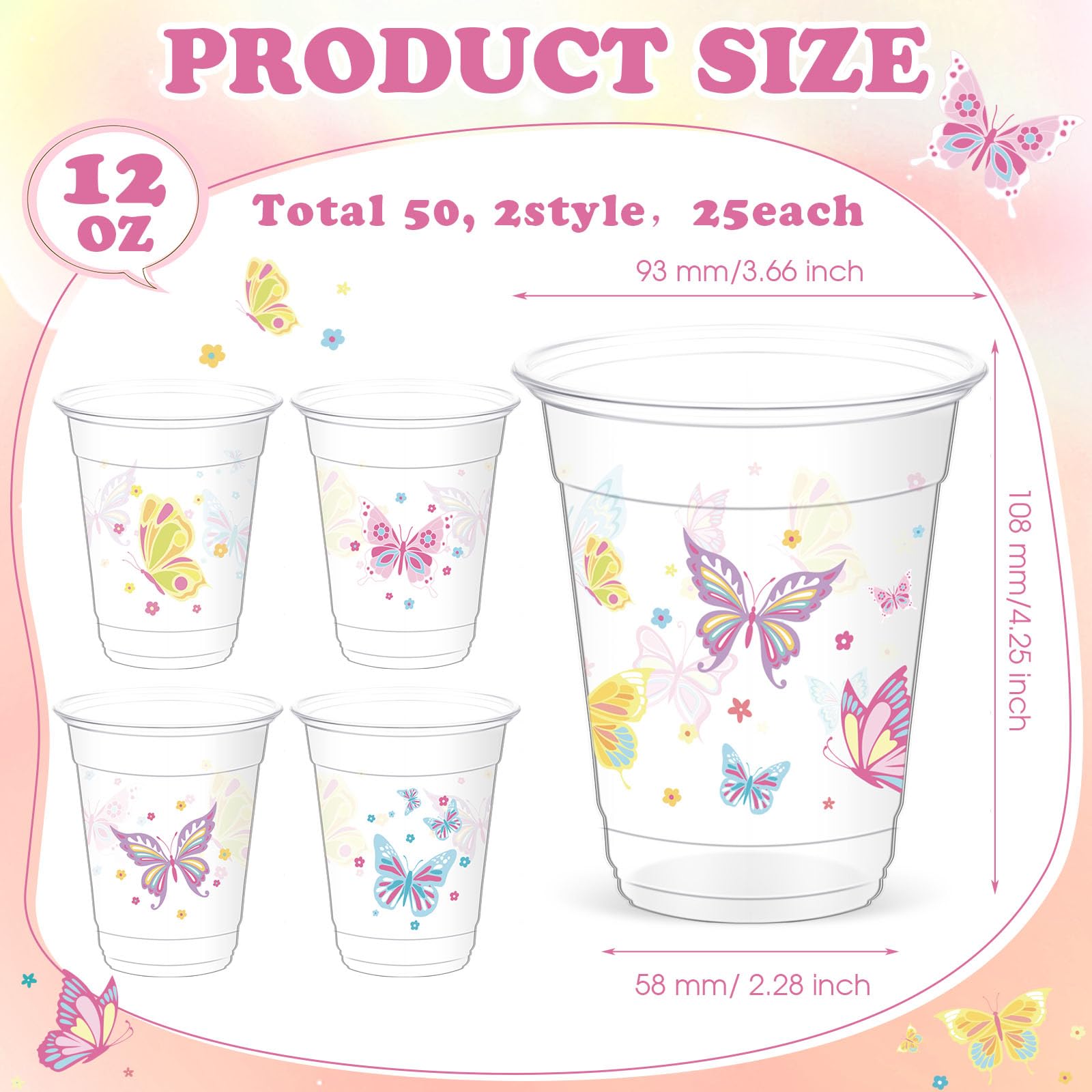 Yaomiao 50 Pieces Butterfly Plastic Cups 12 Oz Bulk Butterflies Clear Disposable Cups Butterfly Party Favor Drinking Beverage Cu