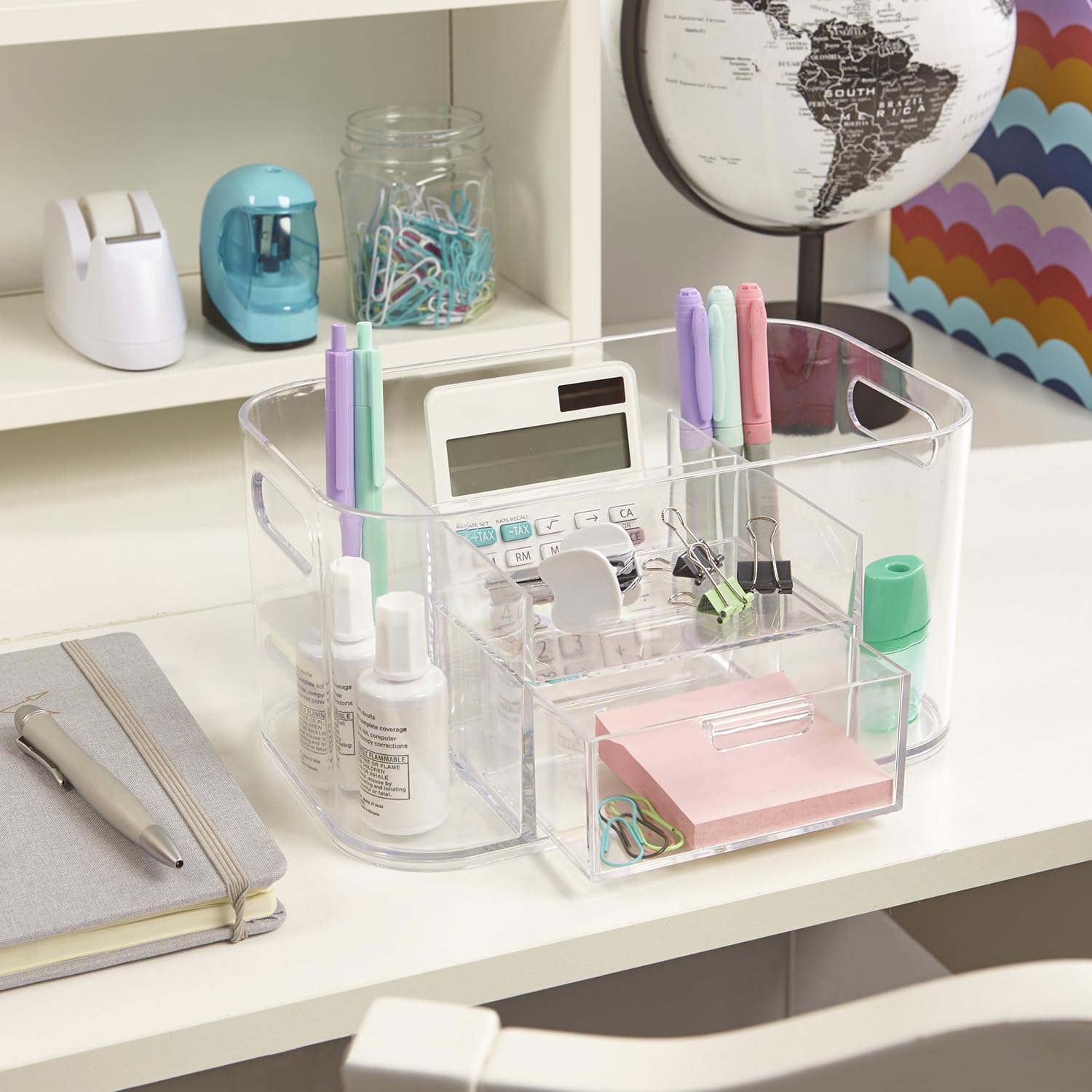 STORi Bliss 4-Compartment Plastic Vanity Organizer with Small Accessory Drawer in Clear | Rectangular Makeup  Skincare  & Cosmetic Storage Bin with Pass-Through Handles | Made in USA