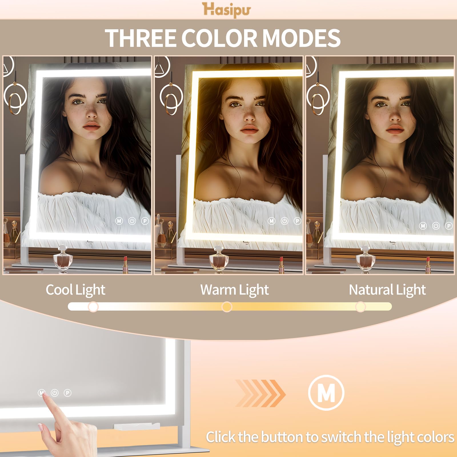 Hasipu Vanity Mirror With Lights, 39.4'' X 28.3'' Led Makeup Mirror, Light Up Mirror With 10X Magnification And Phone Holder, Us
