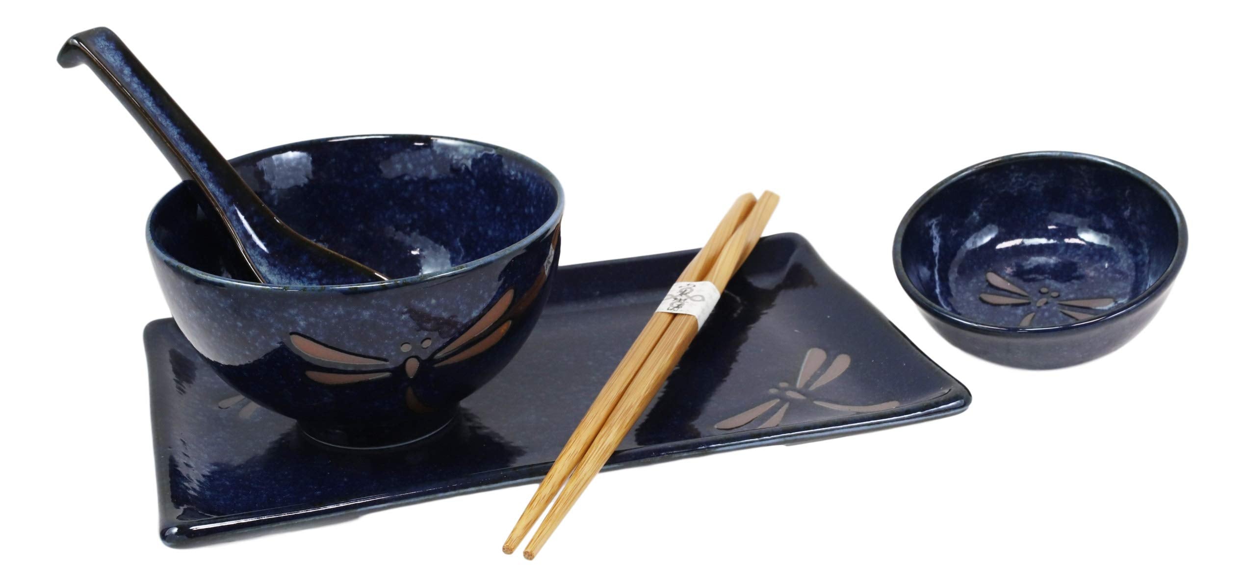 Ebros Gift Japanese Mino Ware Tombo Dragonfly Blue Porcelain Sushi Dinnerware 10Pc Set For 2 People Pairs Of Sushi Plates Soup A