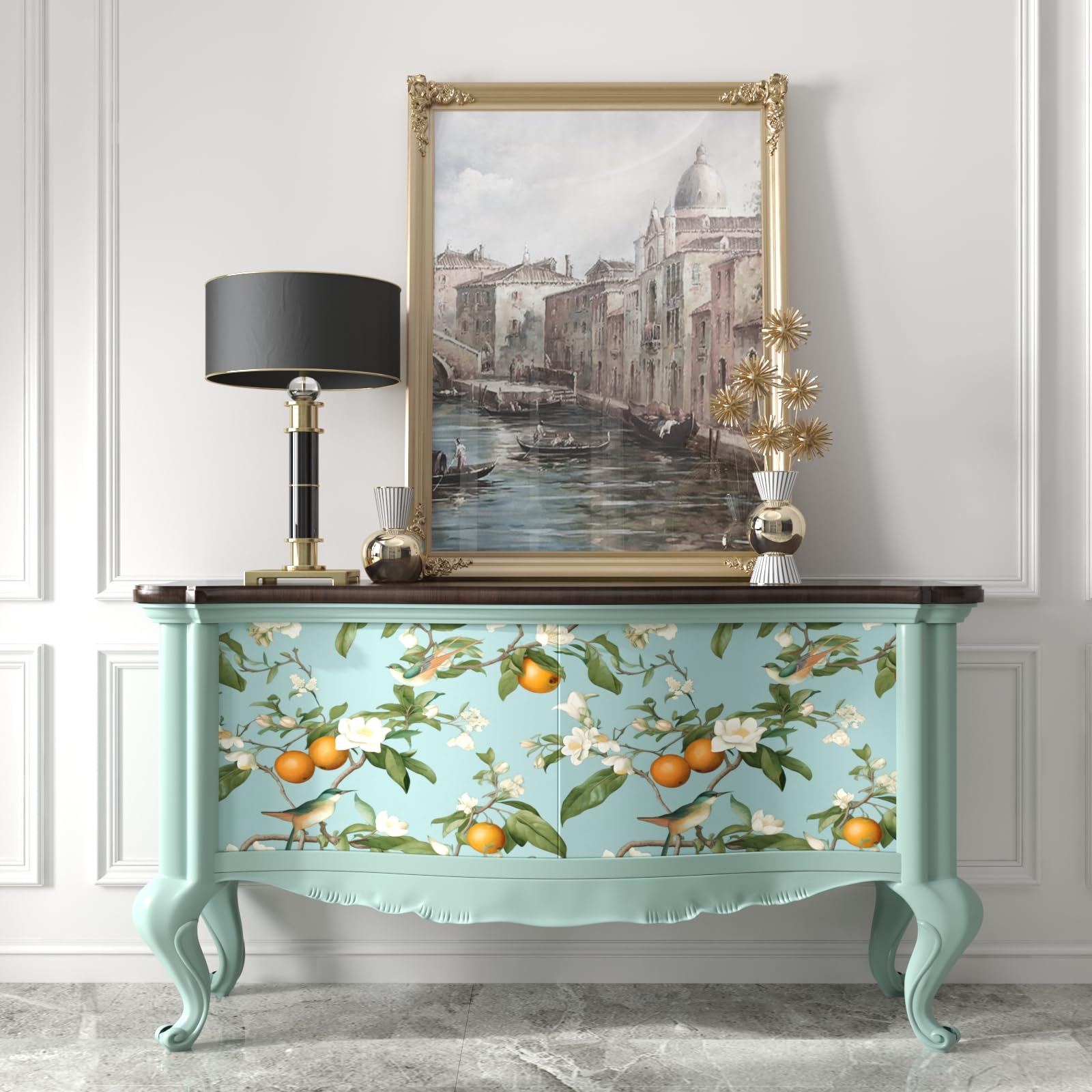 Blue Floral Wallpaper Peel And Stick, Vintage Bird Leaf Fruit Contact Paper, Self Adhesive Removable Retro Wall Mural Wall Paper