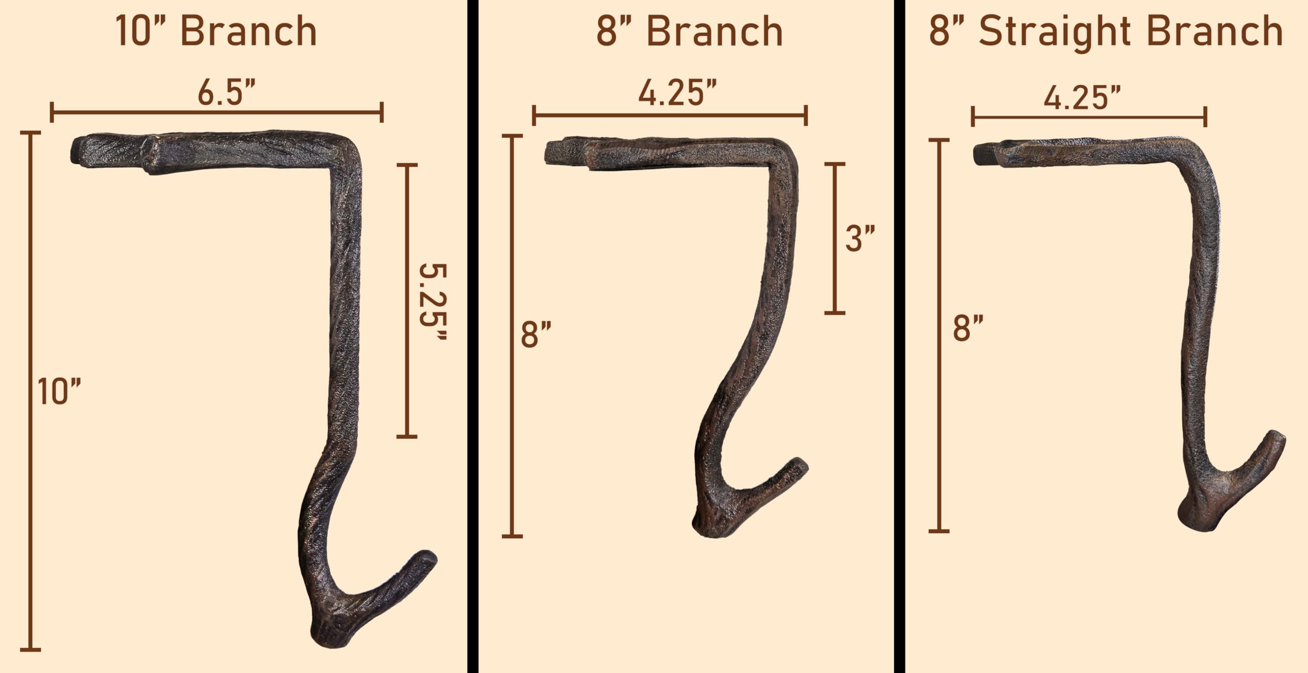 Lulu Decor,100% Cast Iron 8 Brown Straight Branch Stocking Holder for mantle Holds Up to 9 lbs Low Profile Design with Rubber Gr
