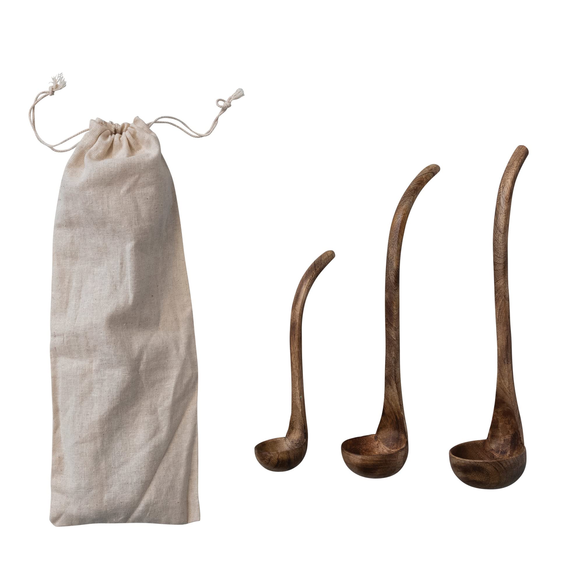Creative CoOp Wood Ladles in Drawstring Bag, Natural