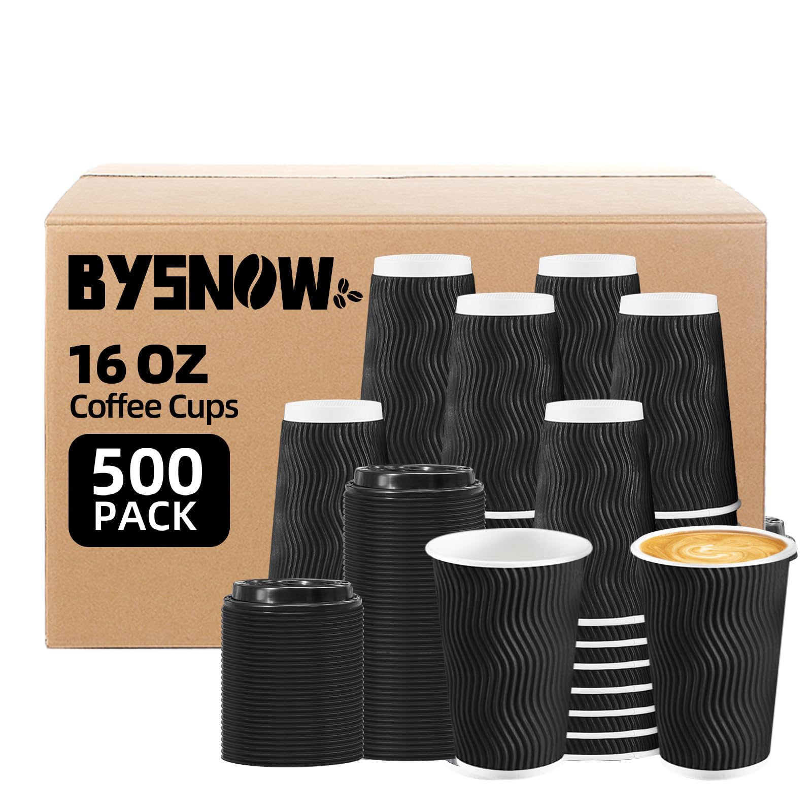 BYSNOW 500 Pack 16 oz Coffee Cups with Lids, Disposable Insulated Hot Cups To Go Paper Coffee Cups, Corrugated Ripple Wall Cup f