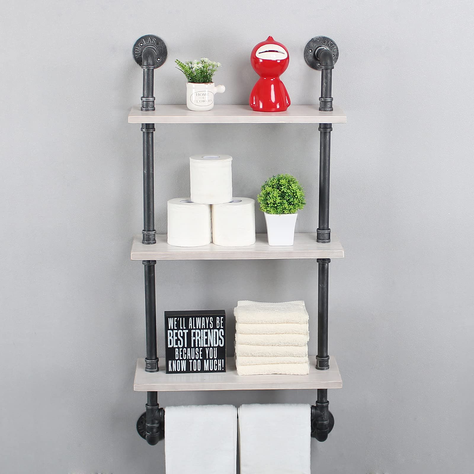 MBQQ Industrial Pipe Shelf Bathroom Shelves Wall Mounted 19.6in Rustic Wood Shelf with Towel Bar 3 Tier Farmhouse Towel Rack Over Toilet Pipe Shelving Floating Shelves Towel Holder Retro White