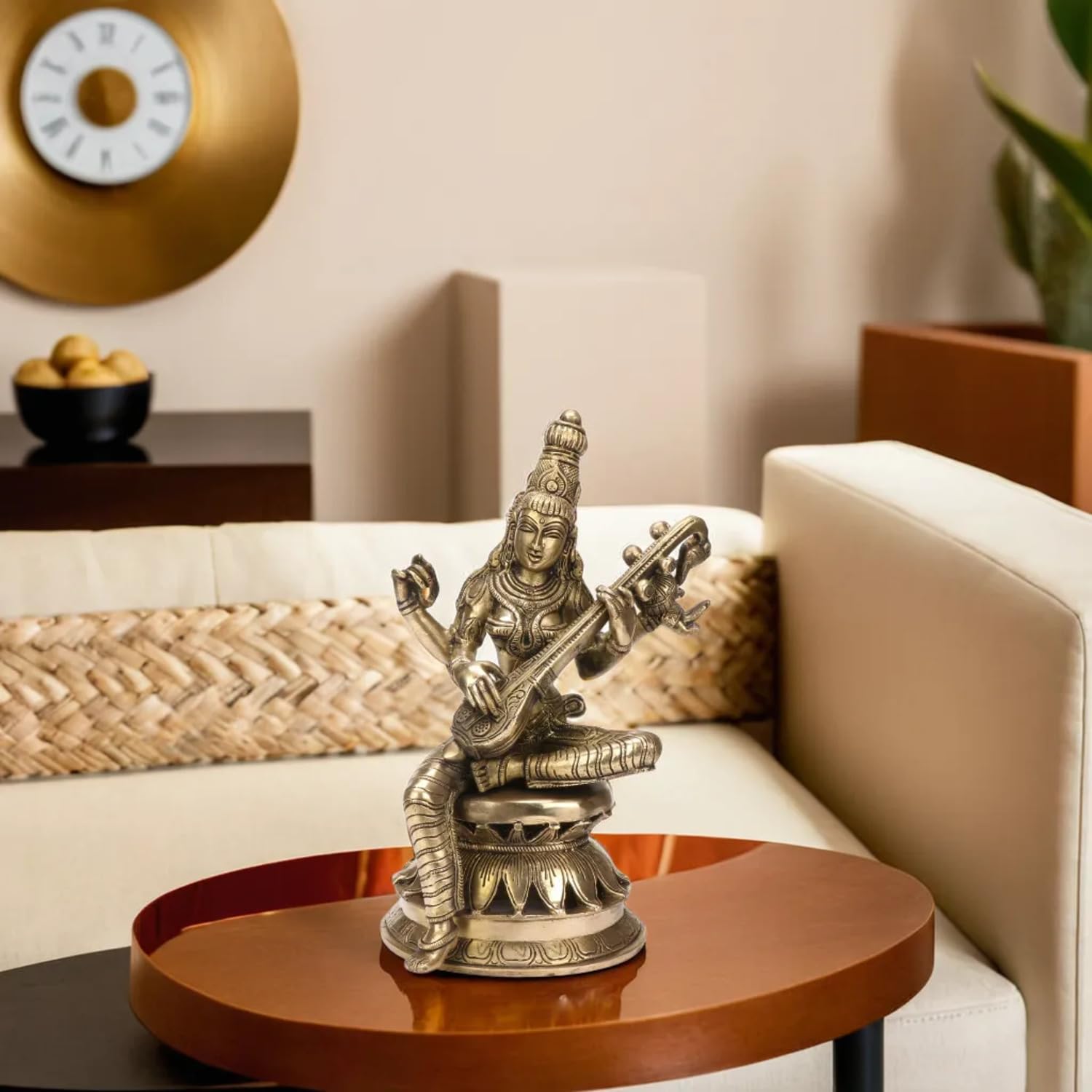 Kartique Brass Saraswati Idol With Veena, Antique Gold Finish, 12 Inches Height, For Home Decor, Pooja Room, And Gifts