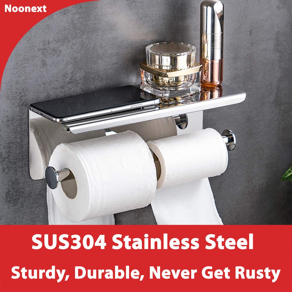 Double Toilet Paper Holder with Phone Shelf  Dual Roll Paper Dispenser with Shelf  Polished Chrome  Toilet Tissue Roll Holder with Rack  Adhesive No Drilling or Wall-Mounted with Screws
