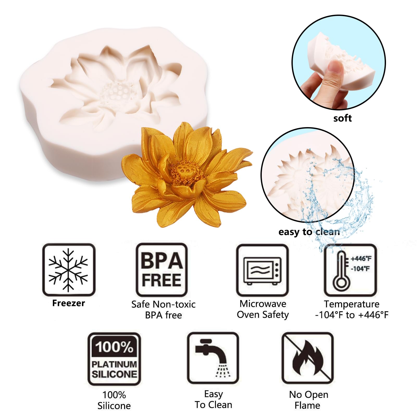 Rose Sunflowers Silicone Molds, 3D Peony Flower Fondant Molds For Cake Decoration, Soap Candle Making, Clay Polymer, Aromatherap