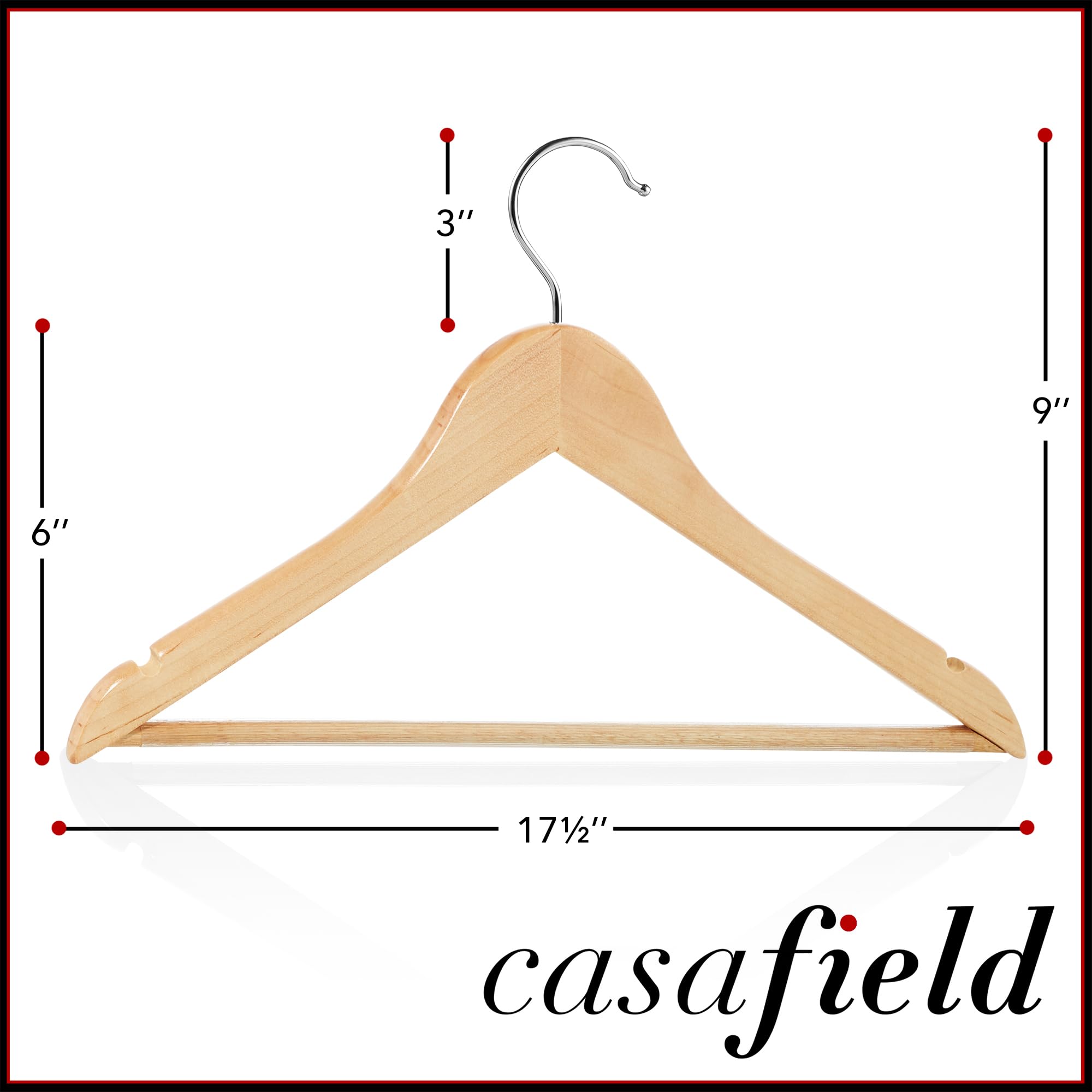 Casafield - 10 Natural Wooden Suit Hangers - Premium Lotus Wood With Notches & Chrome Swivel Hook For Dress Clothes, Coats, Jack