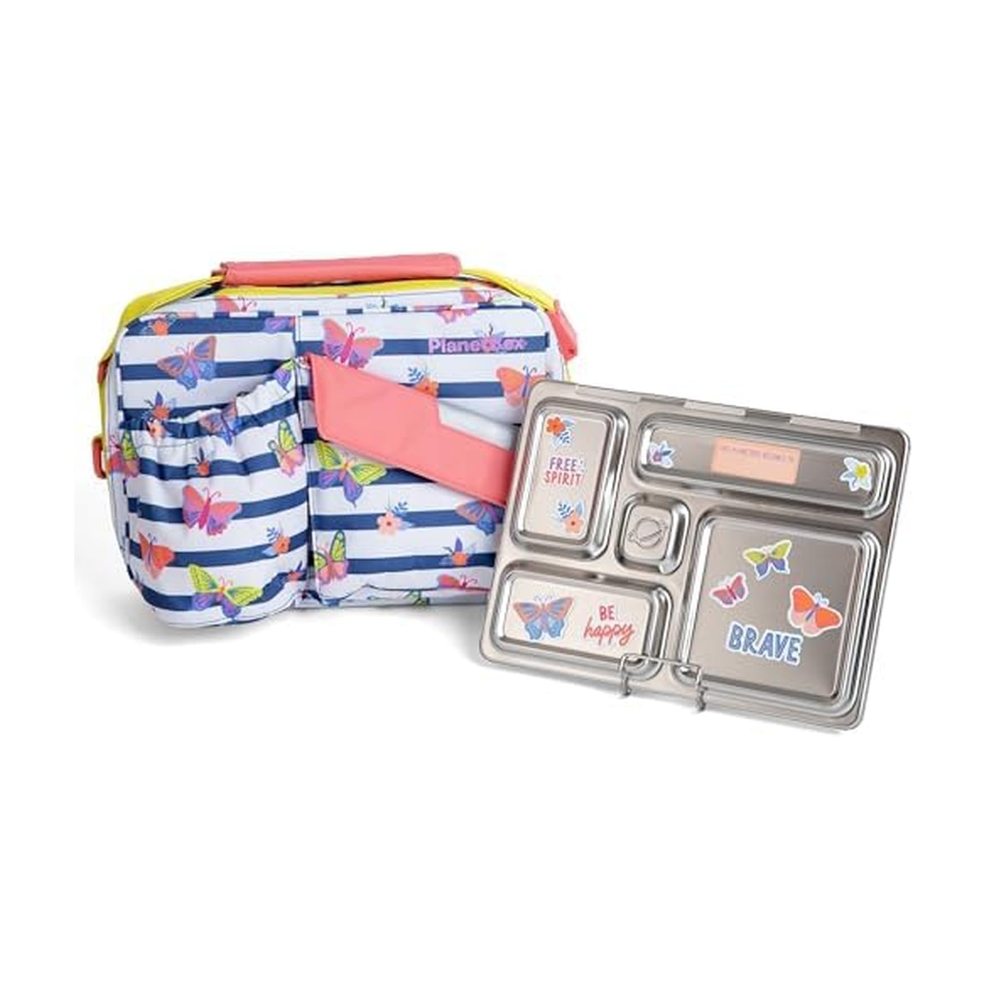 PlanetBox Rover Stainless Steel Bento Box Style Lunch Box Kit for Youth with 5 Compartments - Butterflies Edition includes Insul