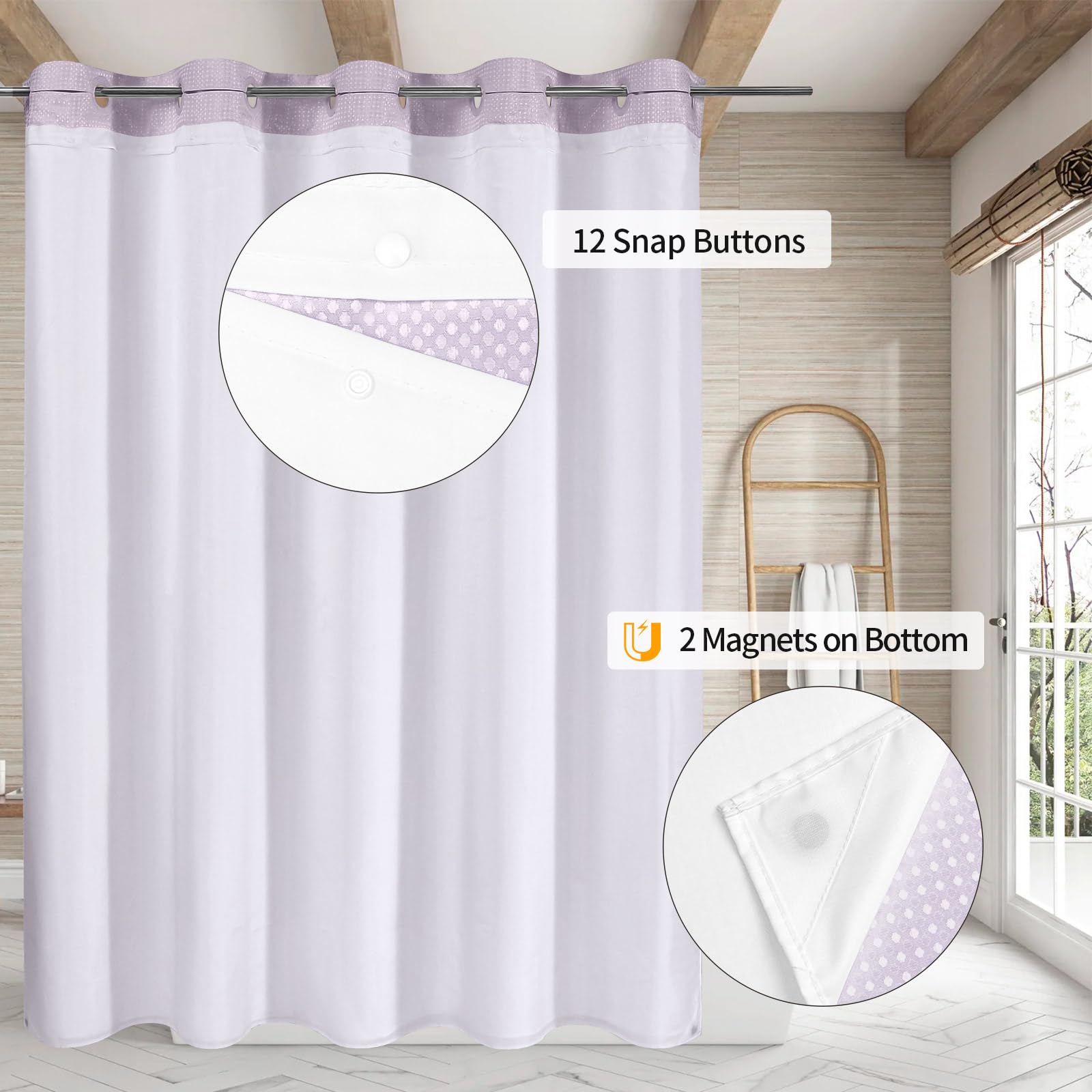 Mitovilla No Hooks Needed Extra Long Shower Curtain Set With Snap-In Liner, Purple 86 Inch Xl Heavyweight Waffle Fabric Cloth Sh