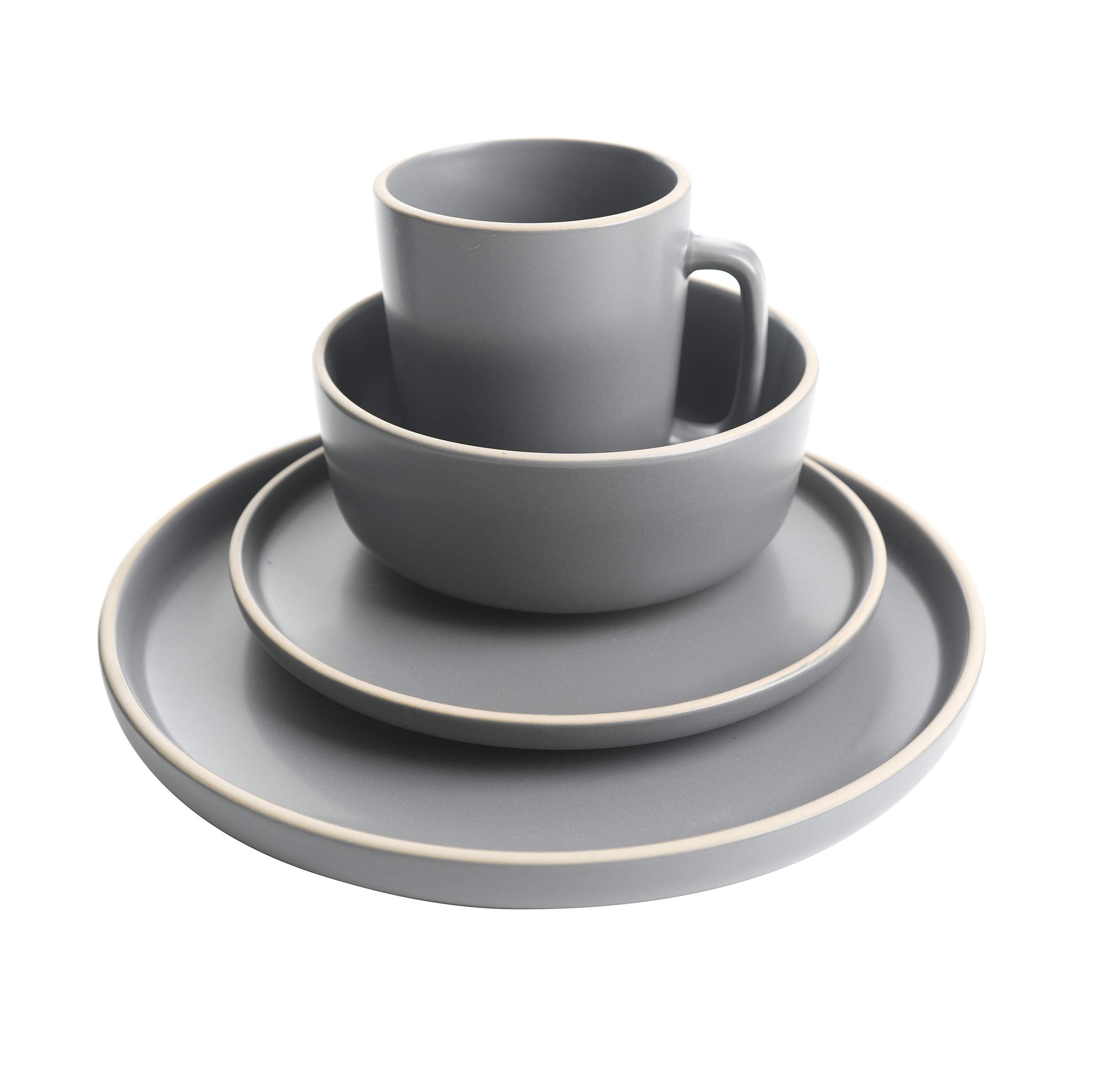 Gibson Home Zuma 16 Piece Round Kitchen Dinnerware Set, Dishes, Plates, Bowls, Mugs, Service for 4, Matte Stoneware, Grey, Gray