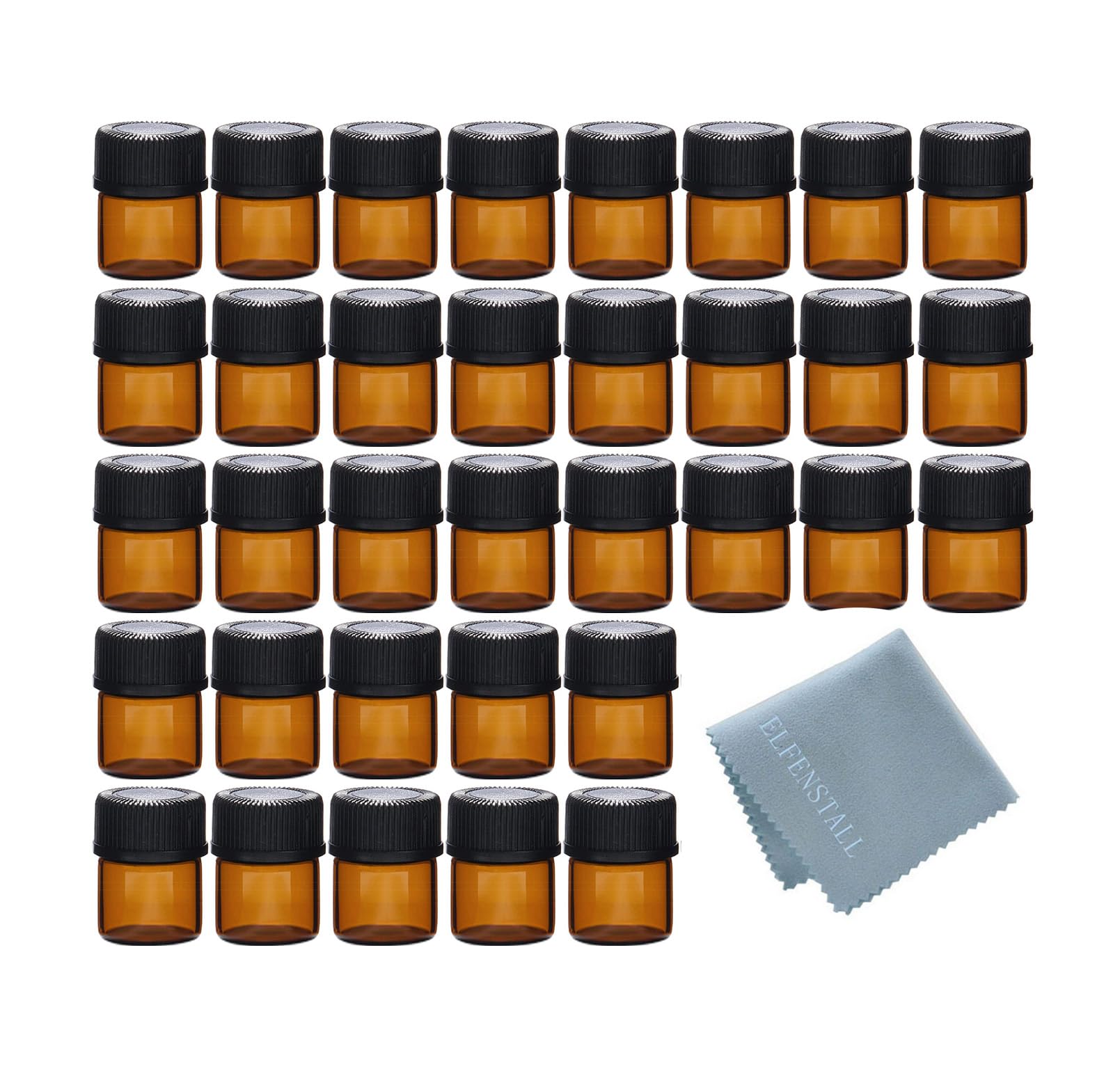 Simple-e 50pcs 1ml (1/4 Dram) Amber Mini Glass Bottle 1cc Amber Sample Vial Small Essential Oil Bottle Travel Must + 1pc Glass Clean Cloth