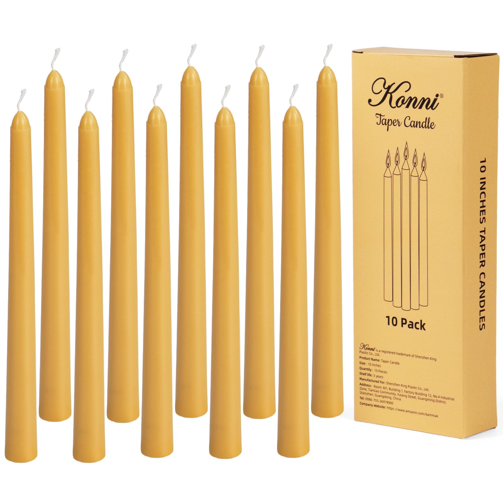 KONNI 0.87  10 Inch Yellow Taper Candles, Unscented and Smokeless Tall Candlesticks, 10 Pack Tapered Candles with Cotton Wicks, 