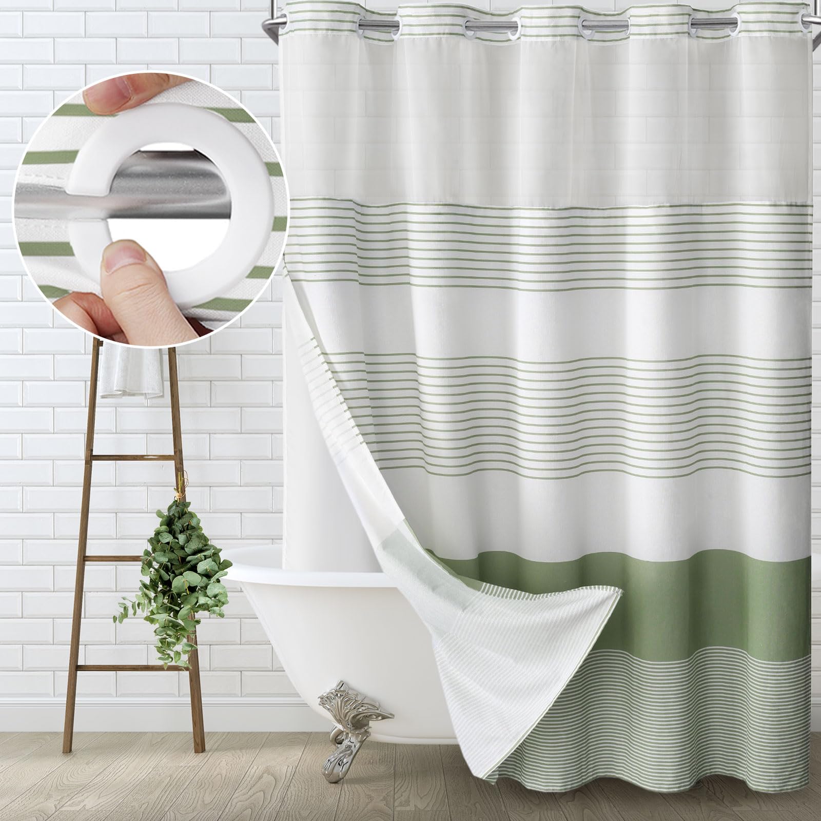 Awellife No Hook Shower Curtain With Snap In Liner Set Cotton And Linen Blend Shower Curtain For Bathroom Boho Green Striped 81'