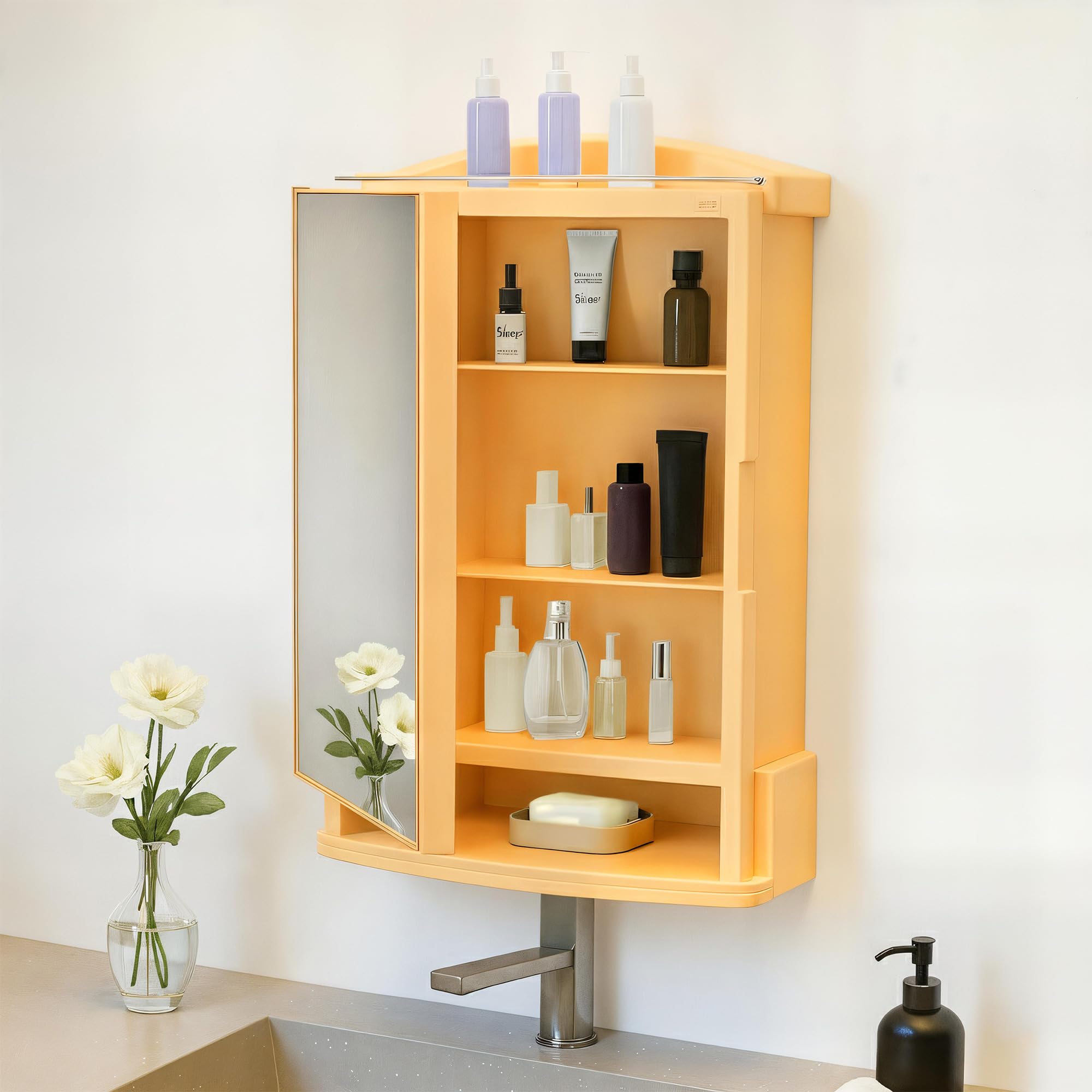 Kuber Industries Plastic Bathroom Mirror With Cabinet Storage Organiser | Multiple Compartment Washroom Shelves Wall Mounted | A