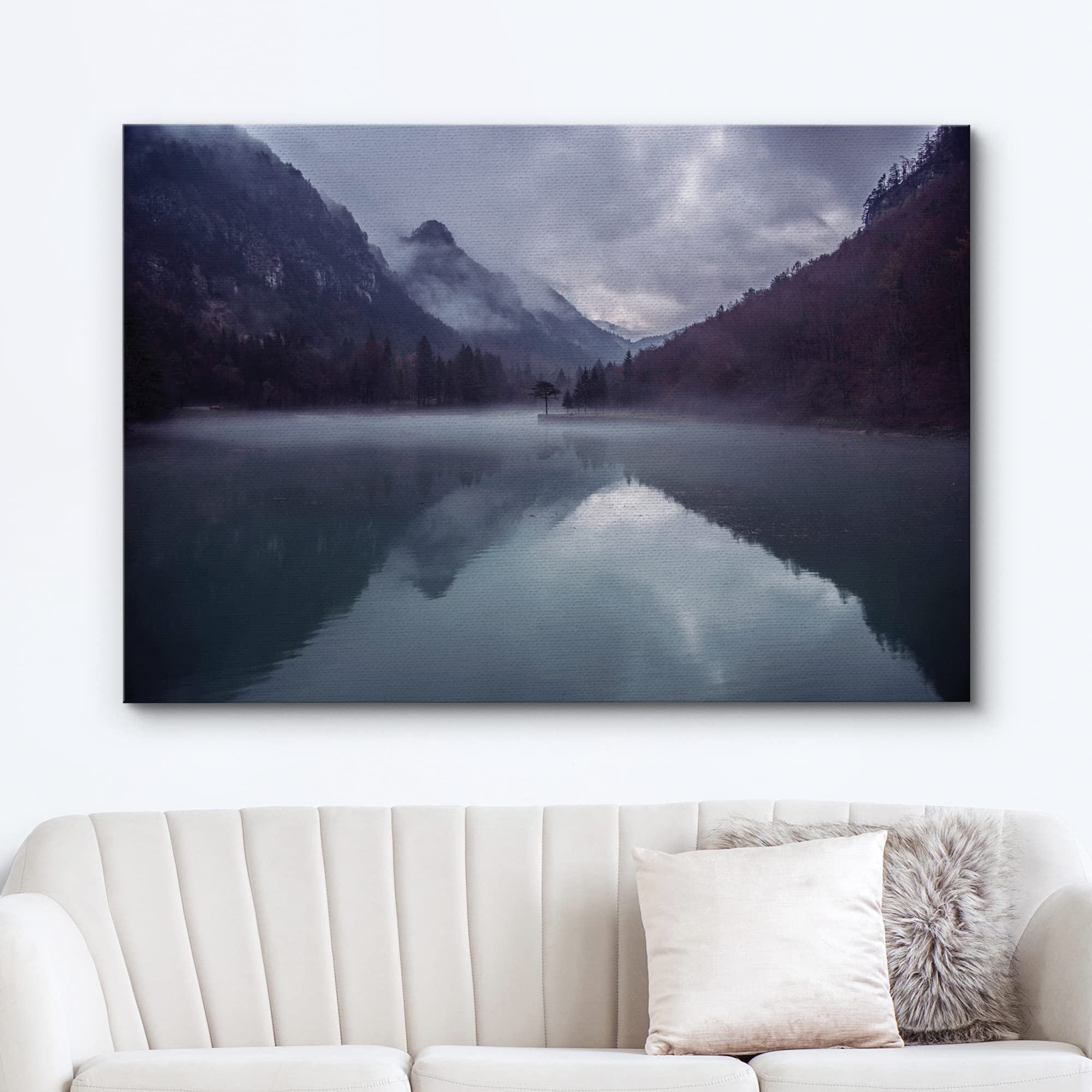 Wall26 Canvas Print Wall Art Dark Blue & Purple Misty Mountain Reflections Nature Wilderness Photography Modern Art Rustic Sceni