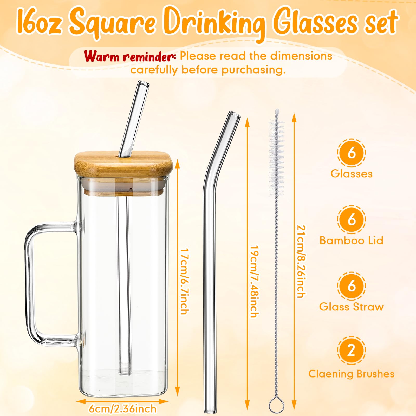 Rtteri 6 Set Square Glass Cups Drinking Glasses With Bamboo Lid Straw And Handle Portable Coffee Mugs Appreciation Gifts For Emp