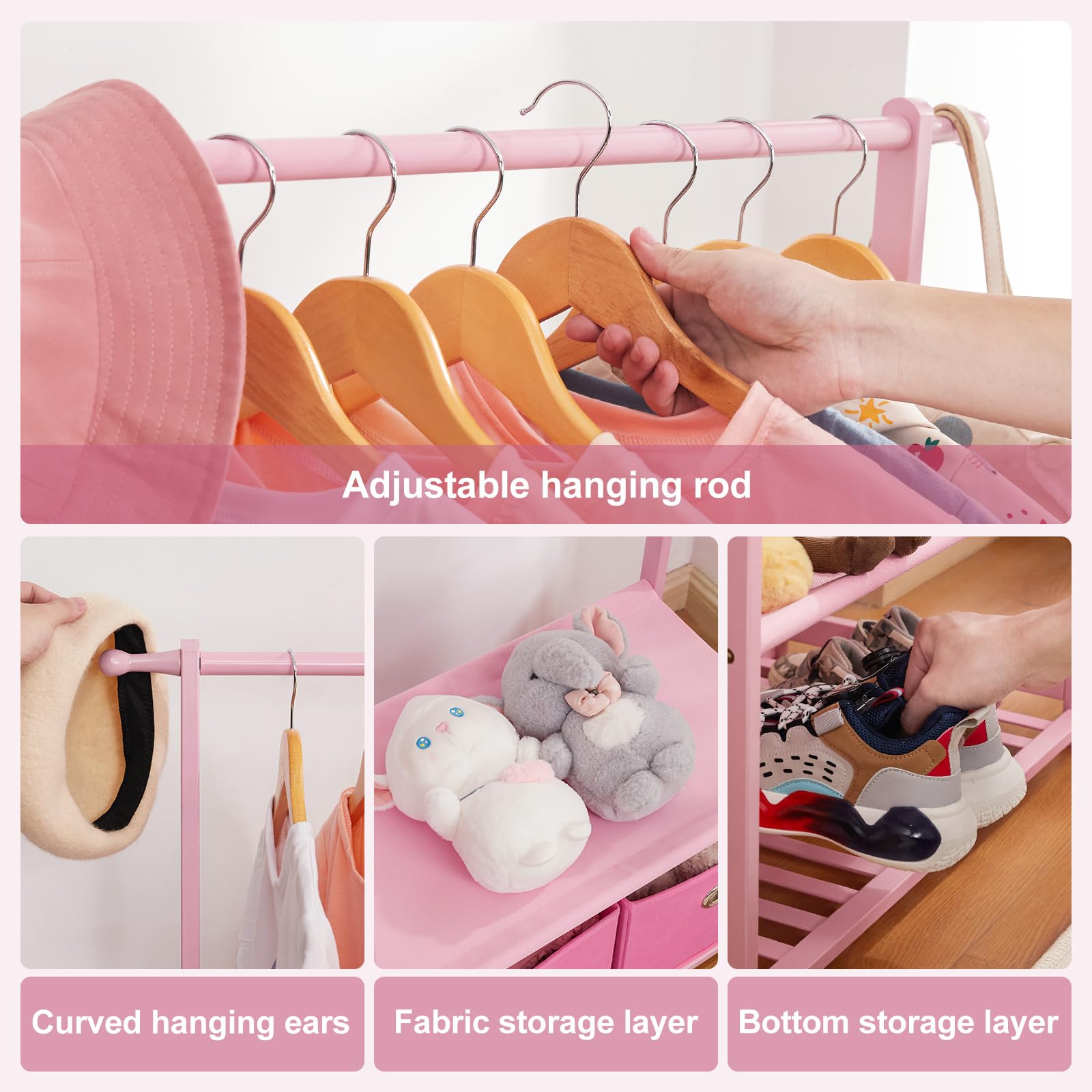 Vilaxing Bamboo Kids Clothing Rack with 2 Baskets & Adjustable Rods, Pink, Model UF101, Ideal for Playroom & Bedroom