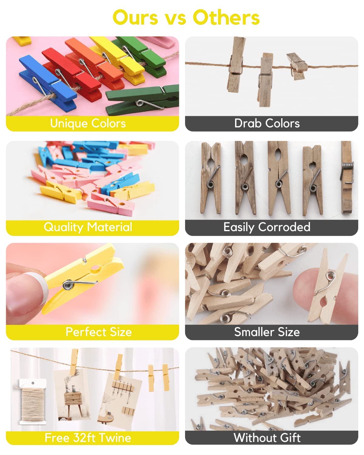 Mini Clothes Pins For Photo, Yellow Small Colored Clothespins 100 Pack Wooden Rainbow Colorful Picture Clips With 32 Ft String F