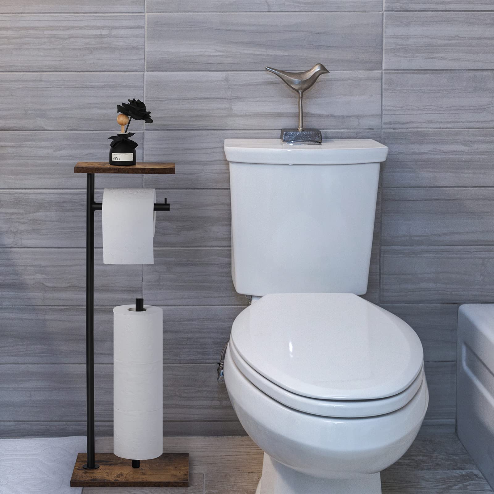 smusei Toilet Paper Holder Stand - Rustic Brown, Engineered Wood, Freestanding with Shelf, 1 Pack, Ideal for Mega Rolls and Phone Storage