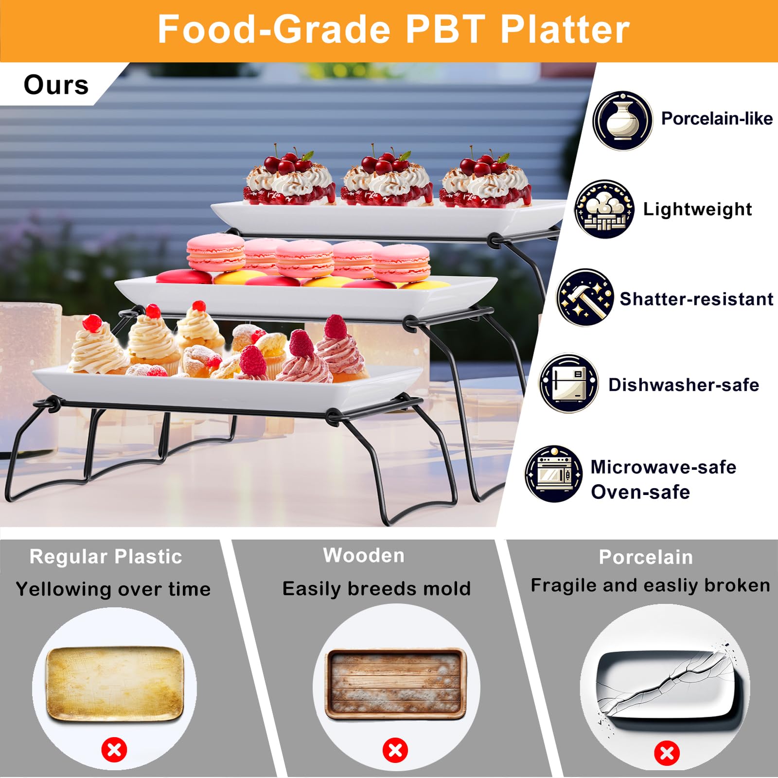 3-Tier Plastic Serving Tray Set For Party, 11.5'' Platters With 3 Collapsible Metal Stand For Sevring Food, Dessert, Veggie, Fru