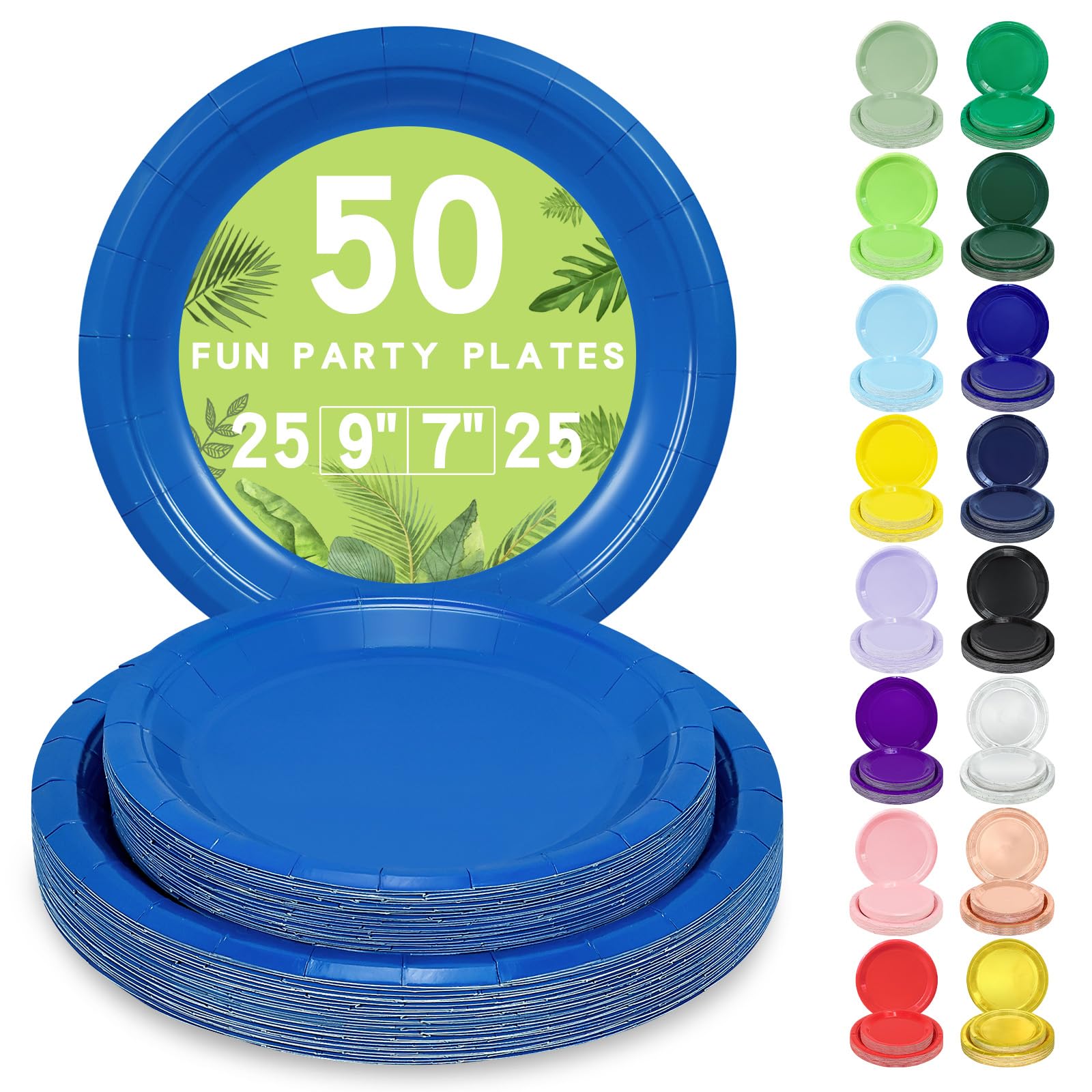 LANLISA 50 Dark Blue Paper Plates Disposable Set Includes 25-9 & 25-7 Disposable Dessert Cake Paper Plates for Party Supplies