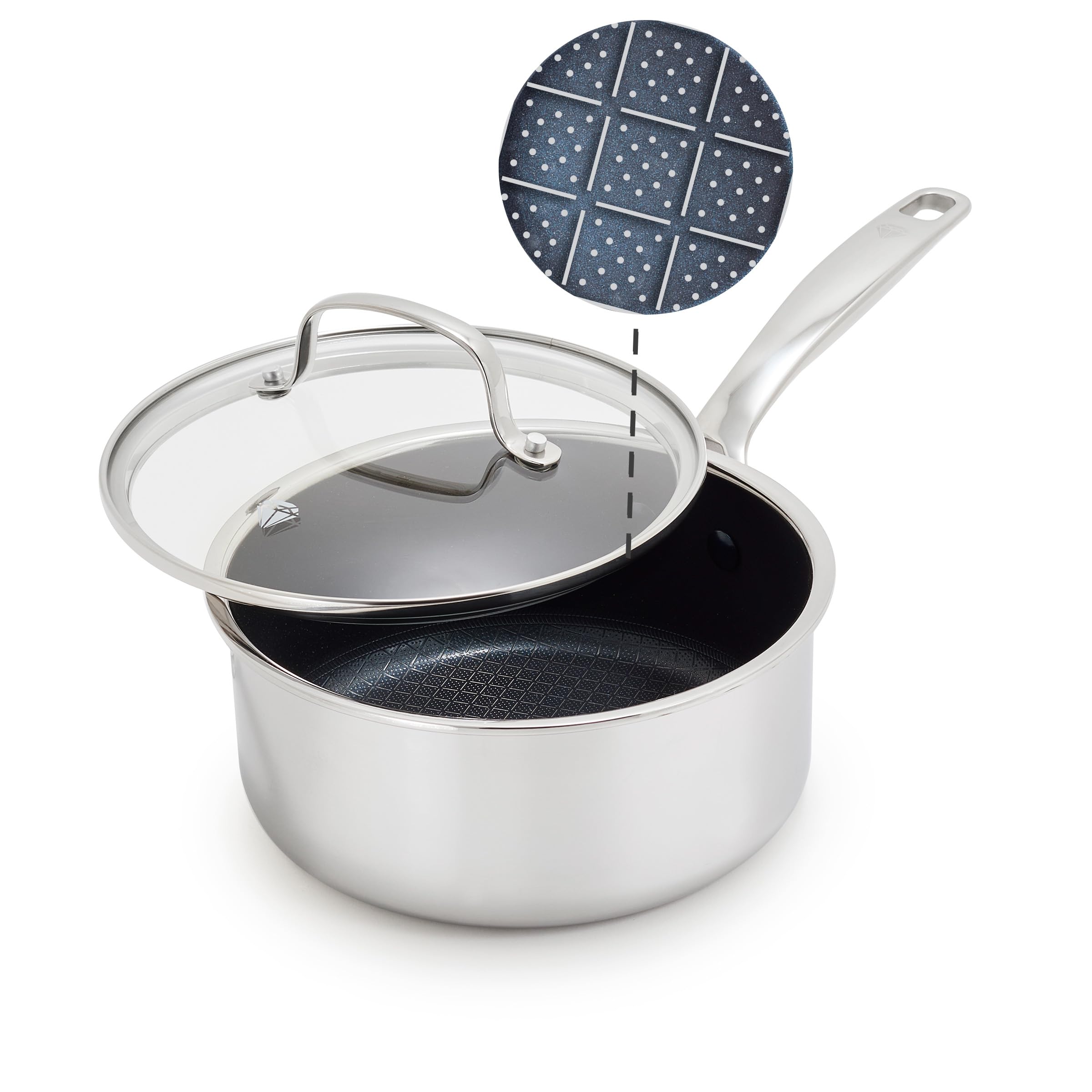 Blue Diamond Hybrid Nonstick Stainless Steel 2QT Saucepan with Glass Lid, PFAS-Free Ceramic Diamond Bond Pot, Dishwasher Safe, S