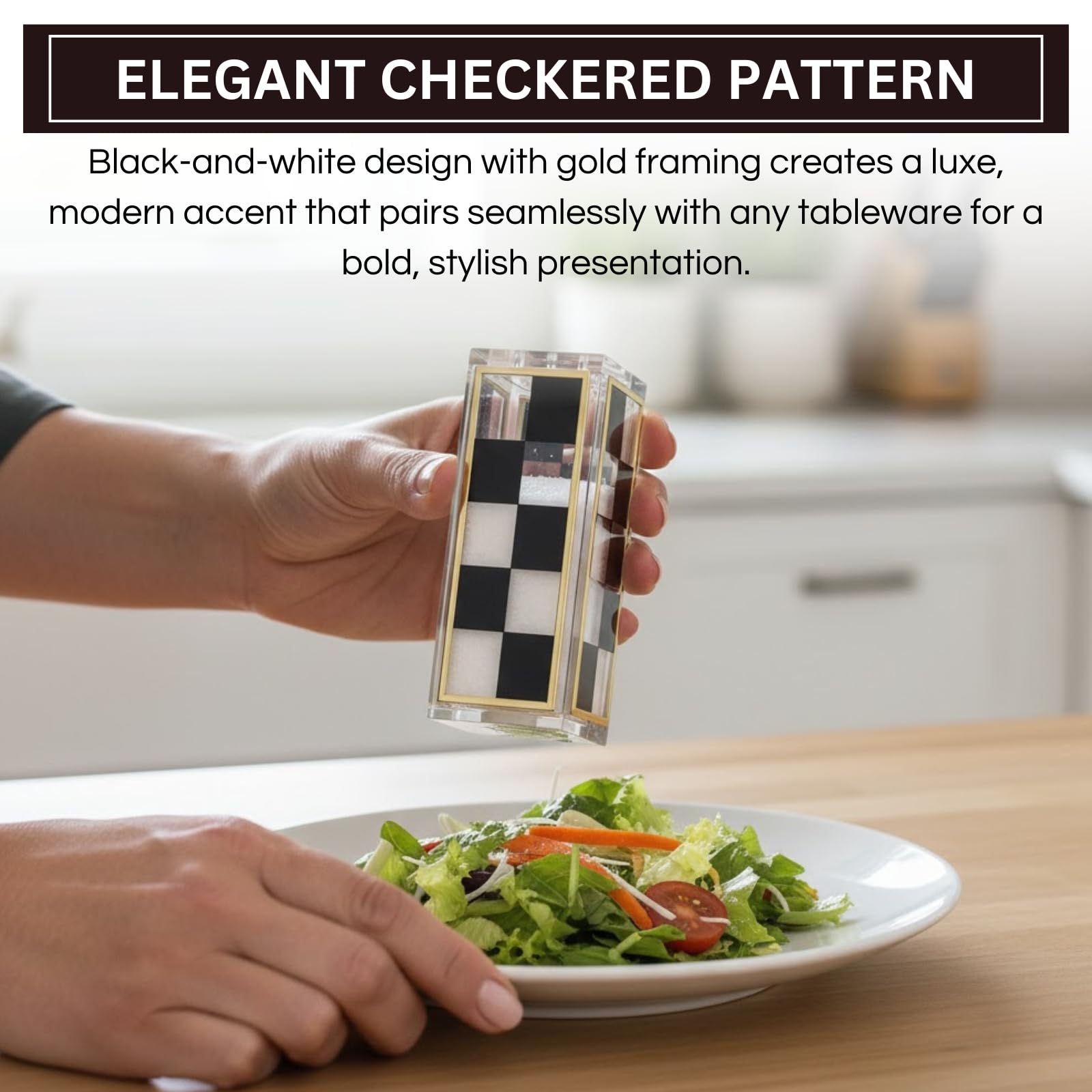 Checkered Salt and Pepper Shakers Set, Black White Square Design with 3 & 5 Holes