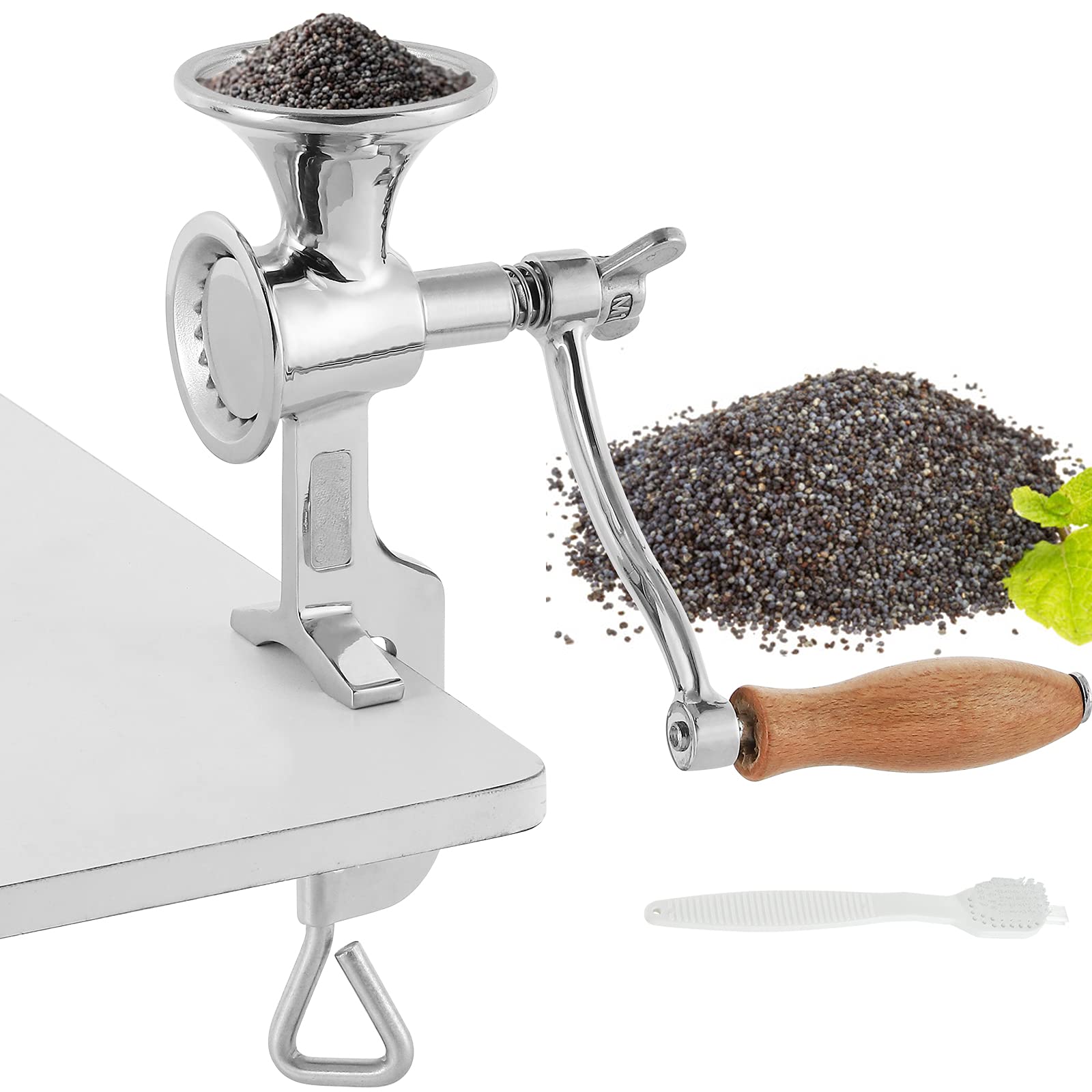 Moongiantgo Grain Mill Hand Poppy Seed Grinder Mill Stainless Steel Coarseness Adjustable Table Clamp Hand Crank 50g Small Hoppe