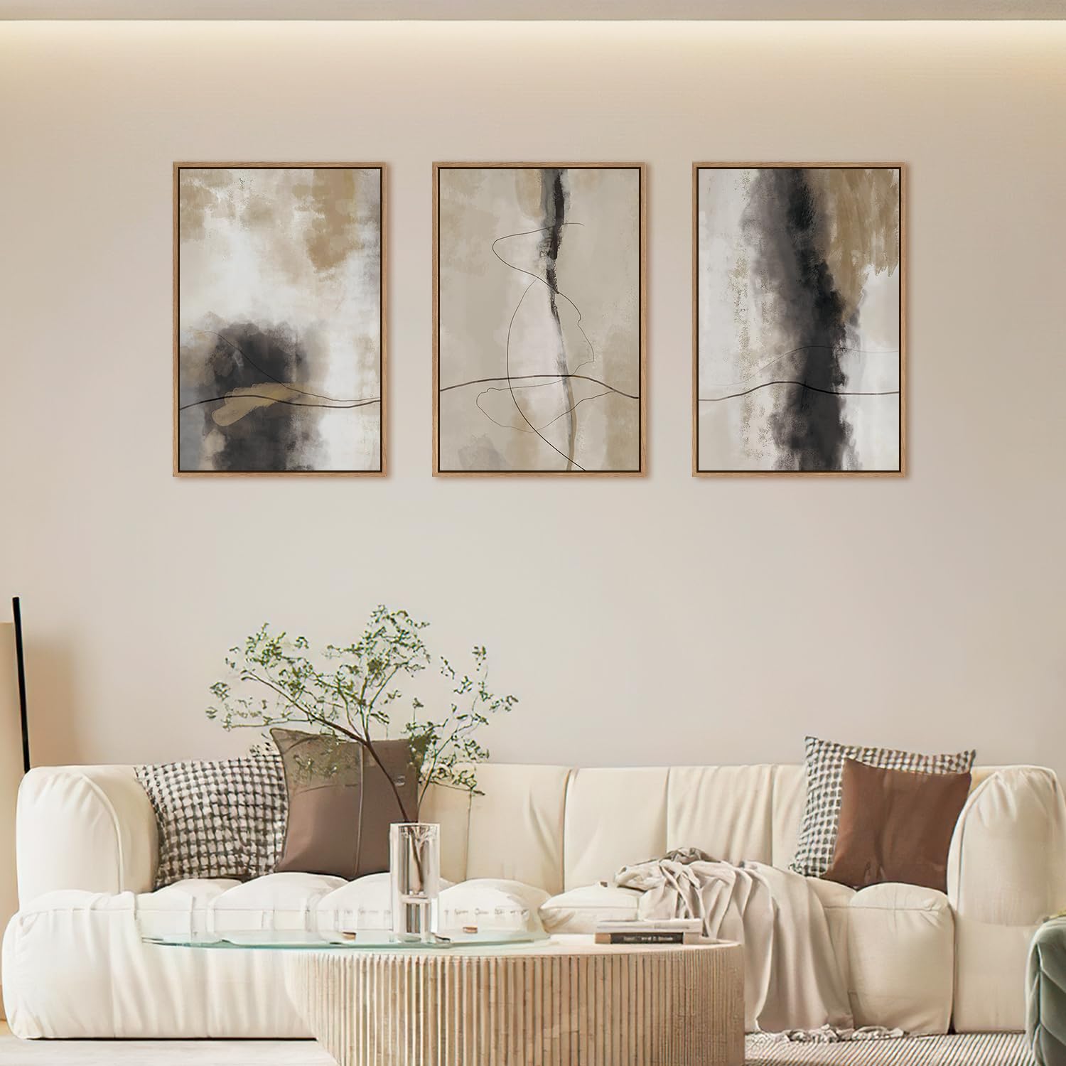 Hpinub Large Modern Abstract Shapes Framed Canvas Wall Art Set,Neutral Black And White Wall Decor,Minimalist Nordic Wall Paintin