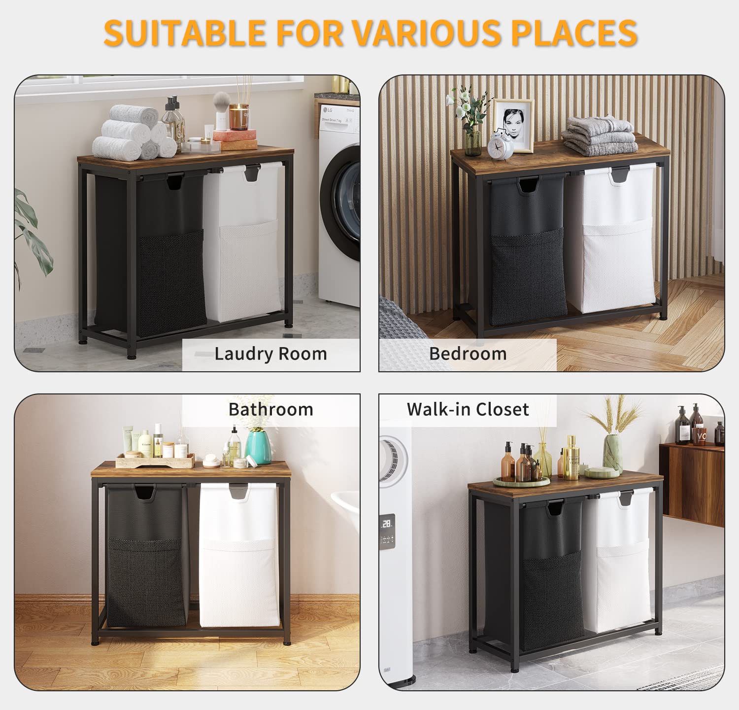 Livehom Laundry Basket Double Laundry Hamper With Removable Bags, Fabric Handles, Large Top Shelf And Laundry Bag For Bathroom,