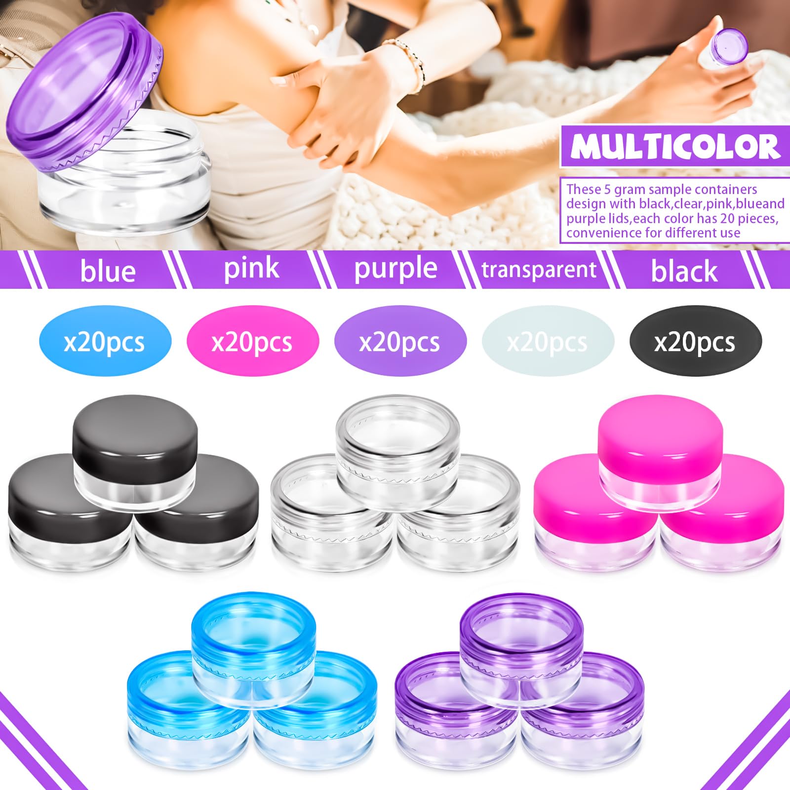 Motbach 100 Pcs 5G Empty Plastic Containers With Colored Lids,Mini Makeup Sample Containers, Small Sample Pot Jars Round Cosmeti