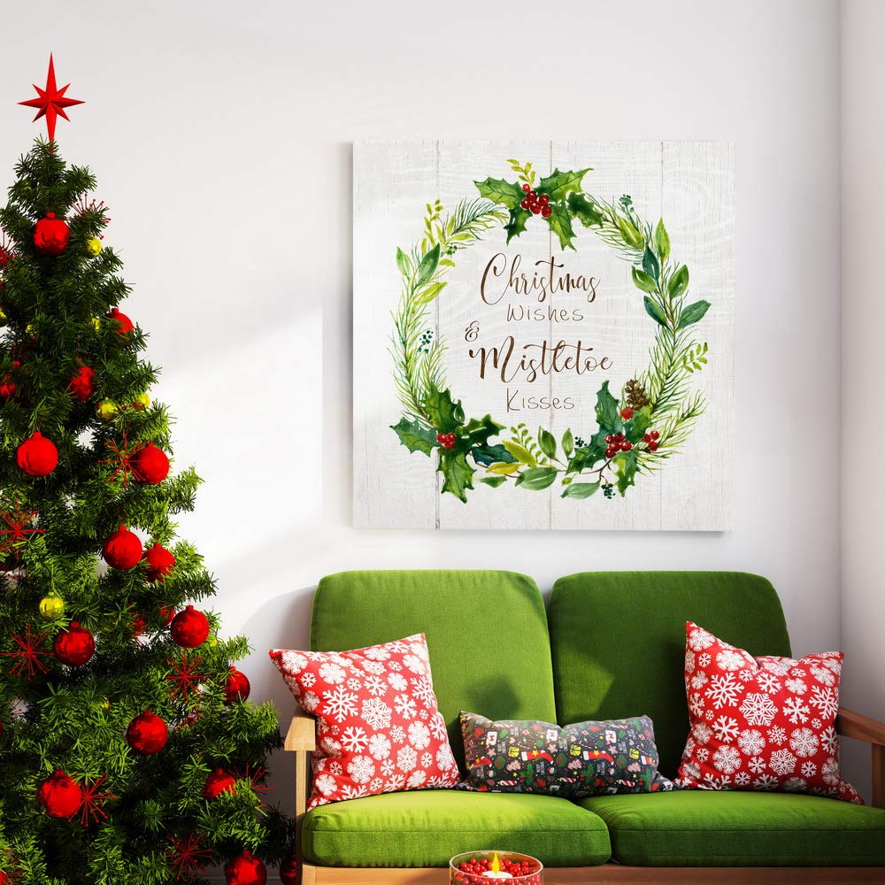 Renditions Gallery Christmas Wishes Wreath Wall Art  Cute Winter Artwork  Holly Leaves & Berries  Red & Green  Premium Gallery Wrapped Canvas Decor  Ready to Hang  24 in H x 24 in W  Made in America