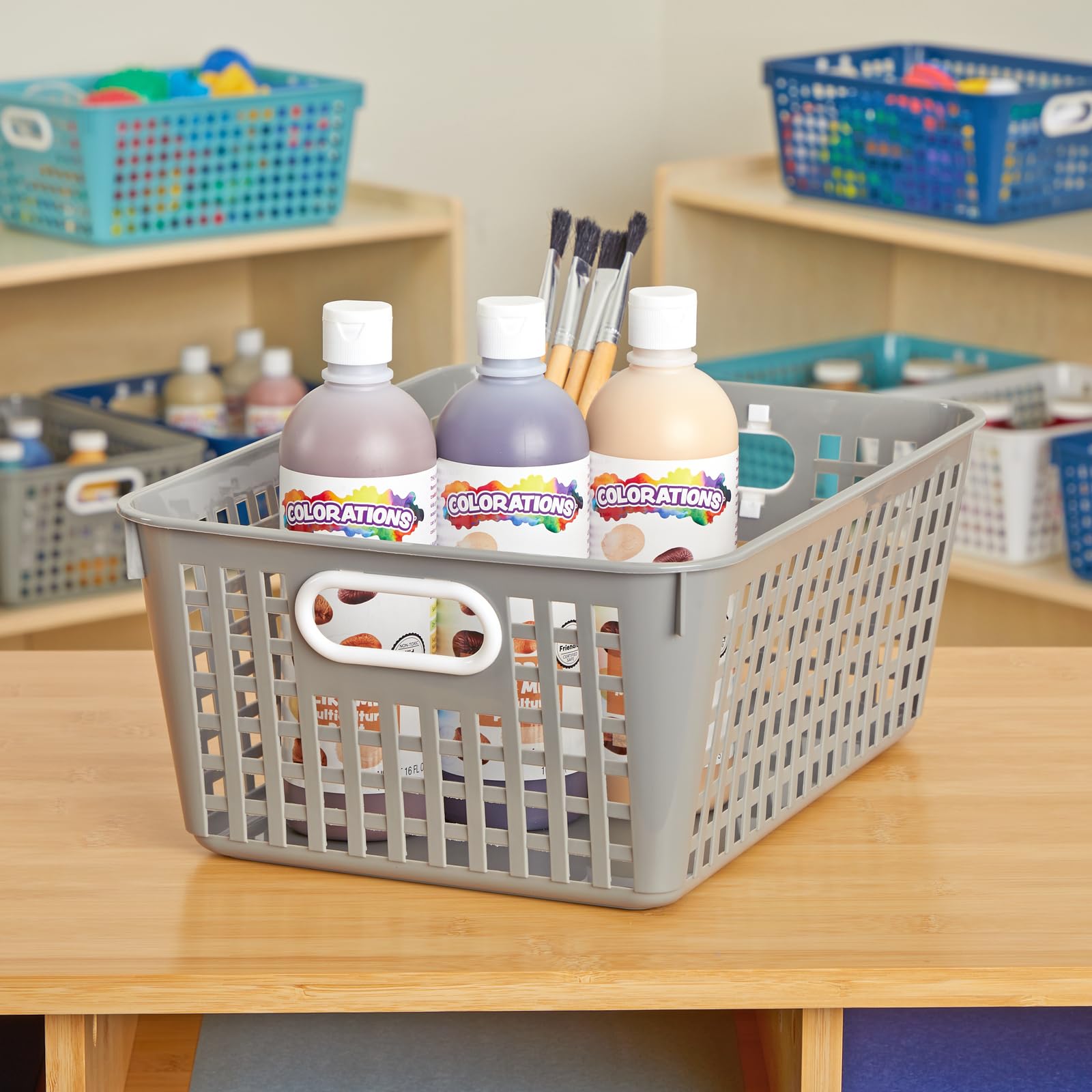 Really Good Stuff Large Plastic Book Baskets, 13?'' By 10'' By 5?'' - Single, Pebble| Classroom Library Organizer, Toy Storage,