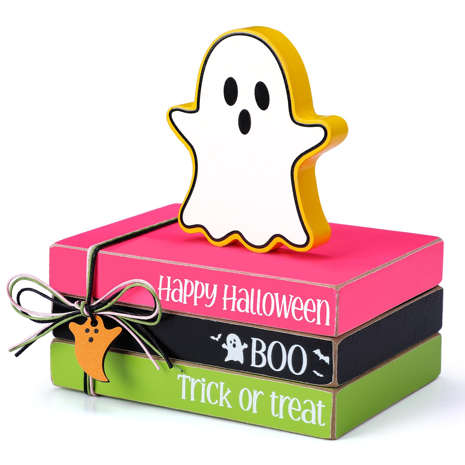 Yookeer 4 Pieces Halloween Ghost Decor Wooden Ghost Tiered Tray Decor Wood Book Stack Halloween Neon Sign Table Sign for Home Ro