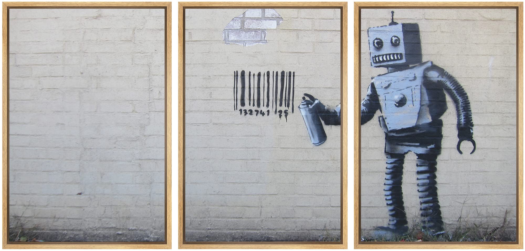 Wall26 - Robot Graffiti Banksy Street - Framed Canvas Art Wall Art - 24''X36''X3 Natural